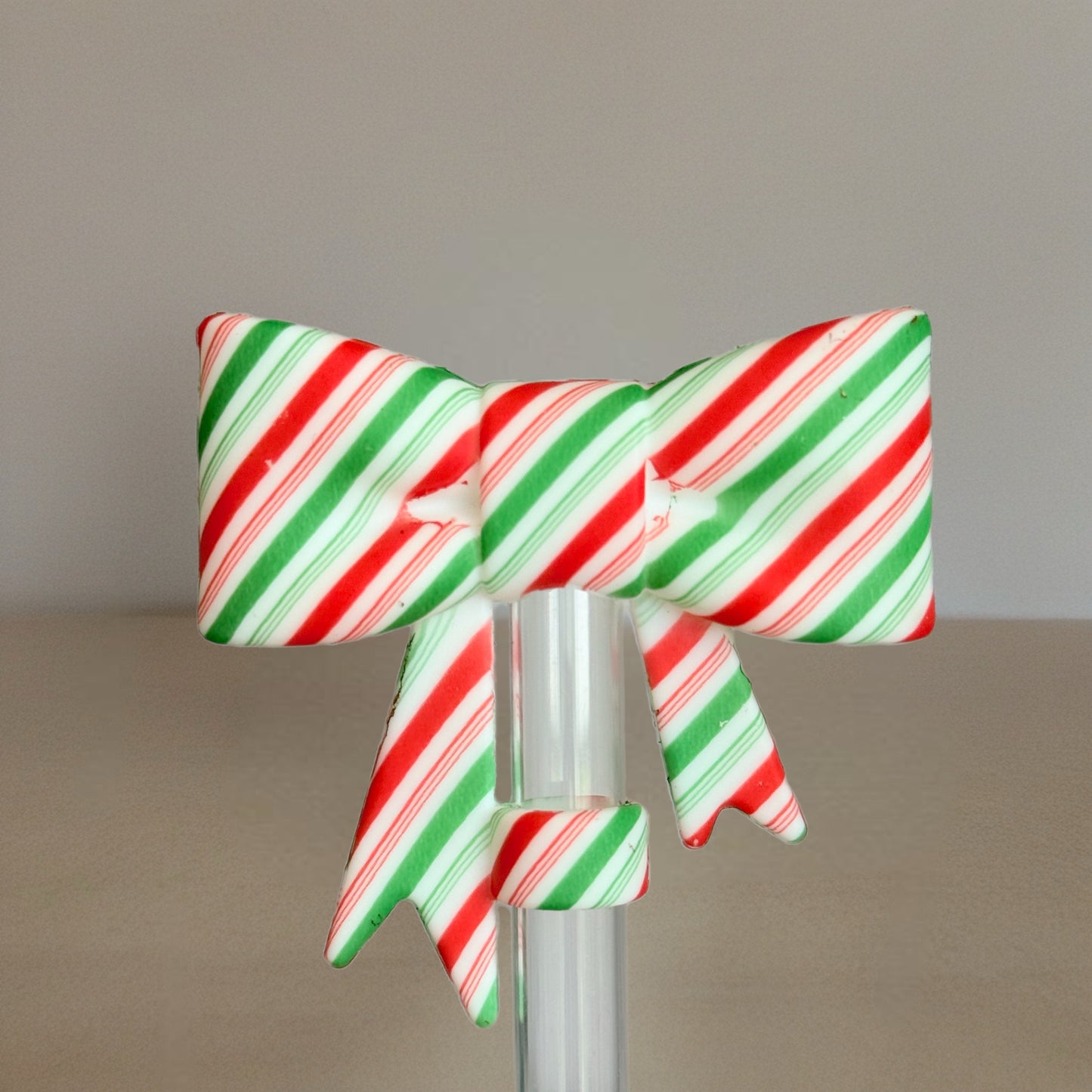 Red & Green Striped 3D Bow Straw Topper