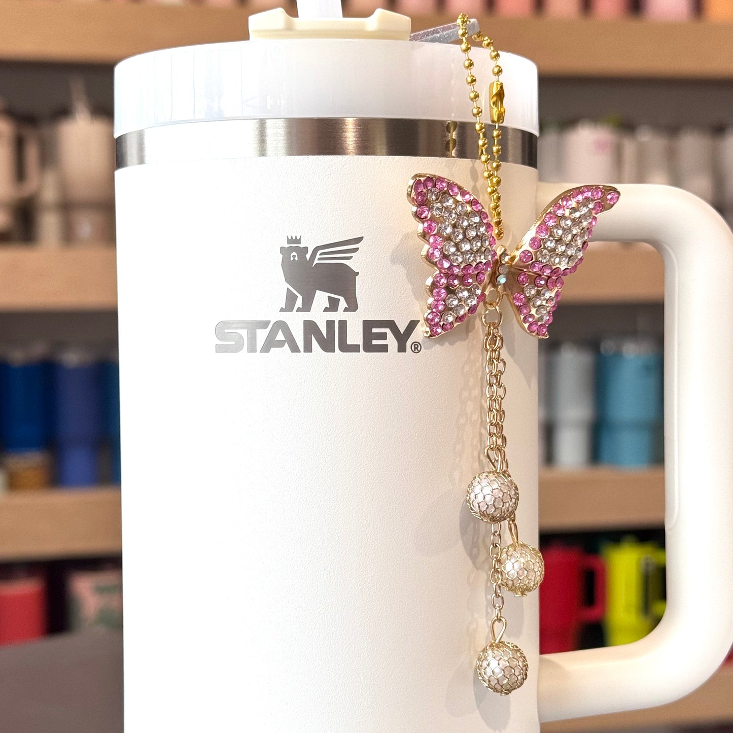 Pink Butterfly & Pearls Charm - Tumbler Handle Charm