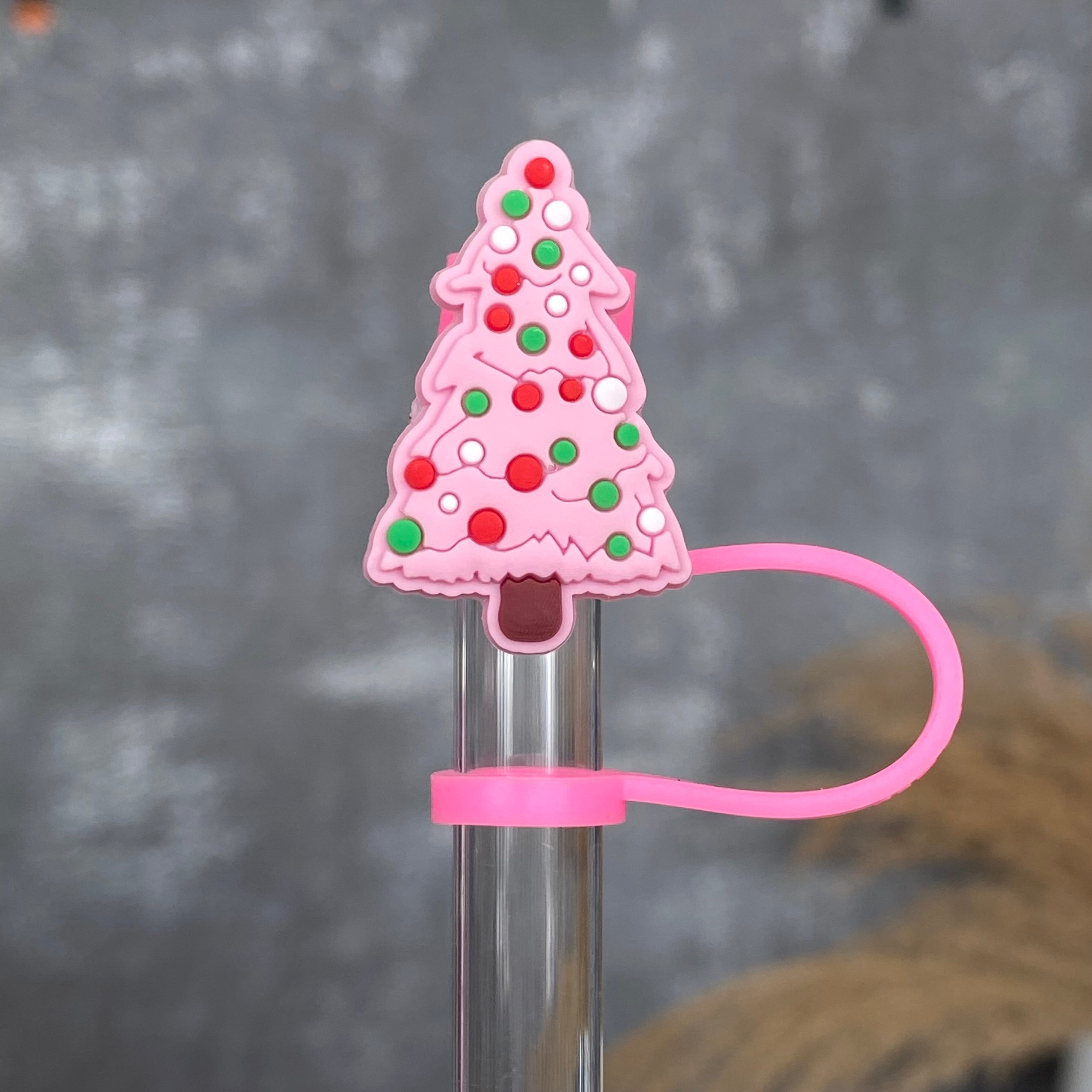 2pcs Christmas Tree Design Silicone Straw Toppers, Christmas Decorations