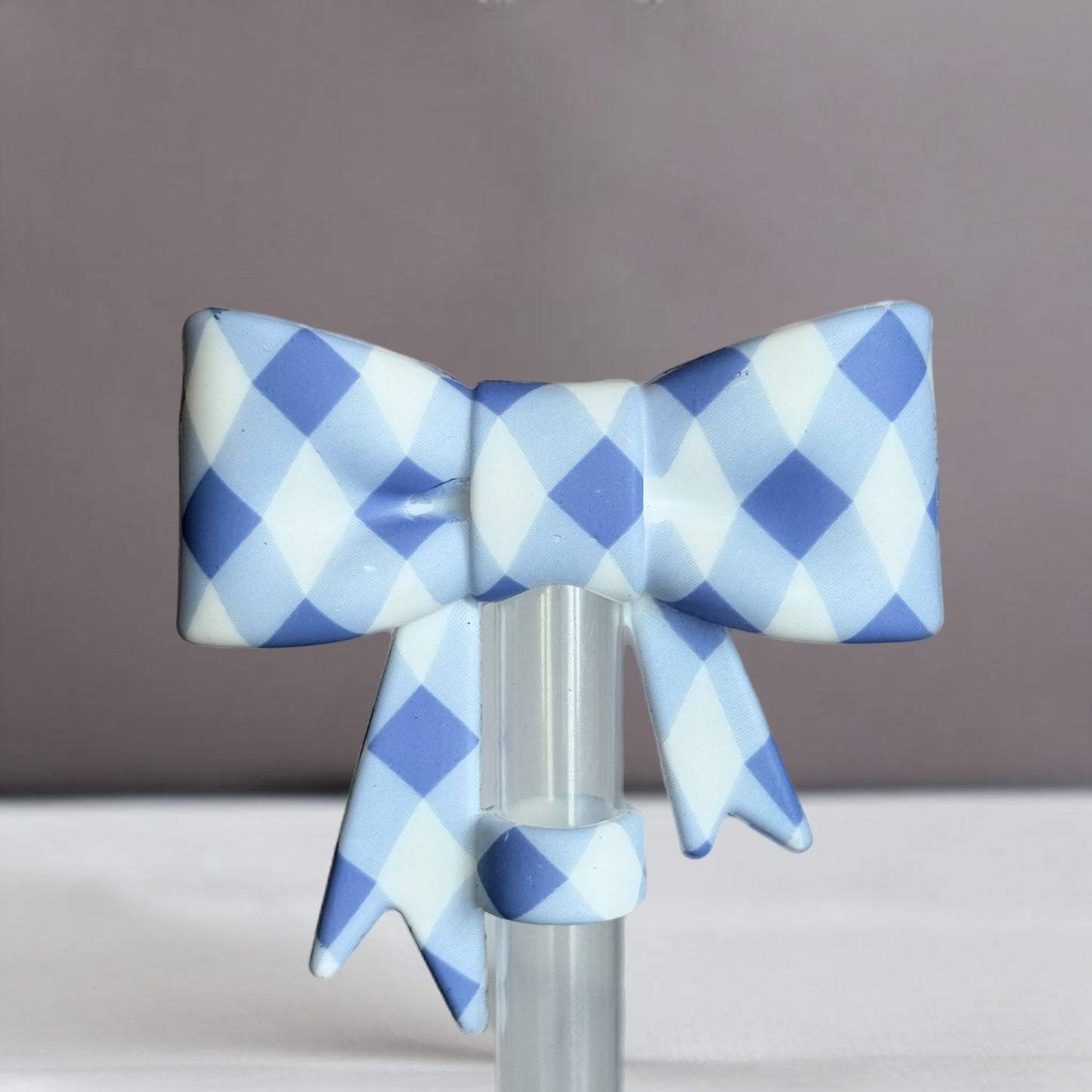Blue Plaid 3D Bow Straw Topper