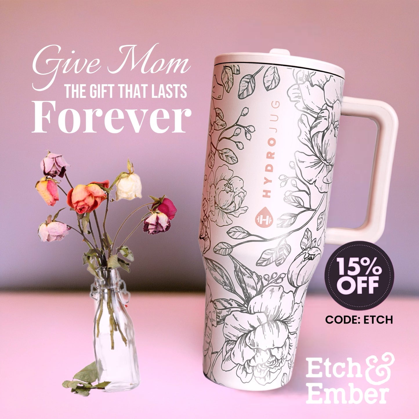 Pink Sand Peony Custom Engraved Hydrojug 40 oz