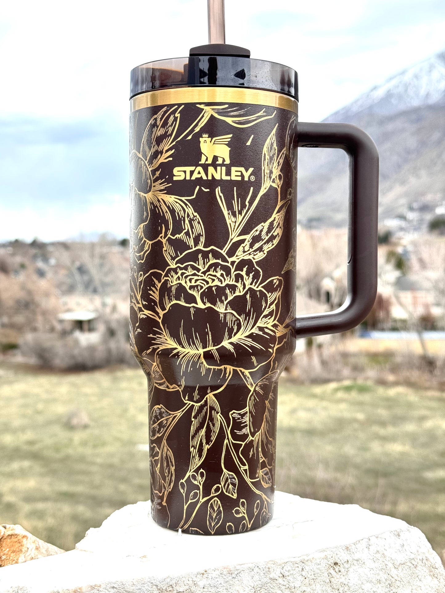 Chocolate Gold Stanley ‘Engraved and Painted Tumbler