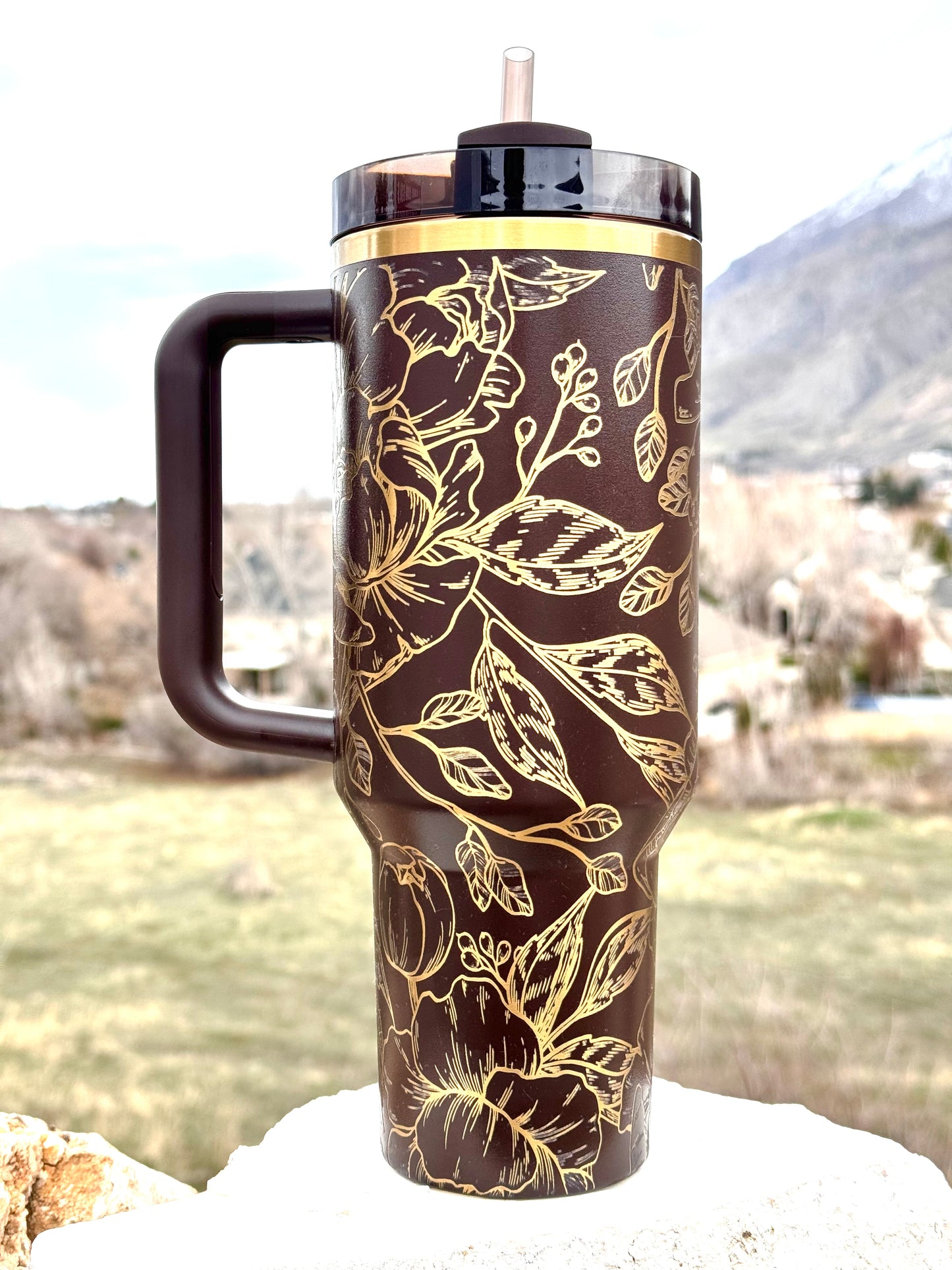 Chocolate Gold Stanley ‘Engraved and Painted Tumbler