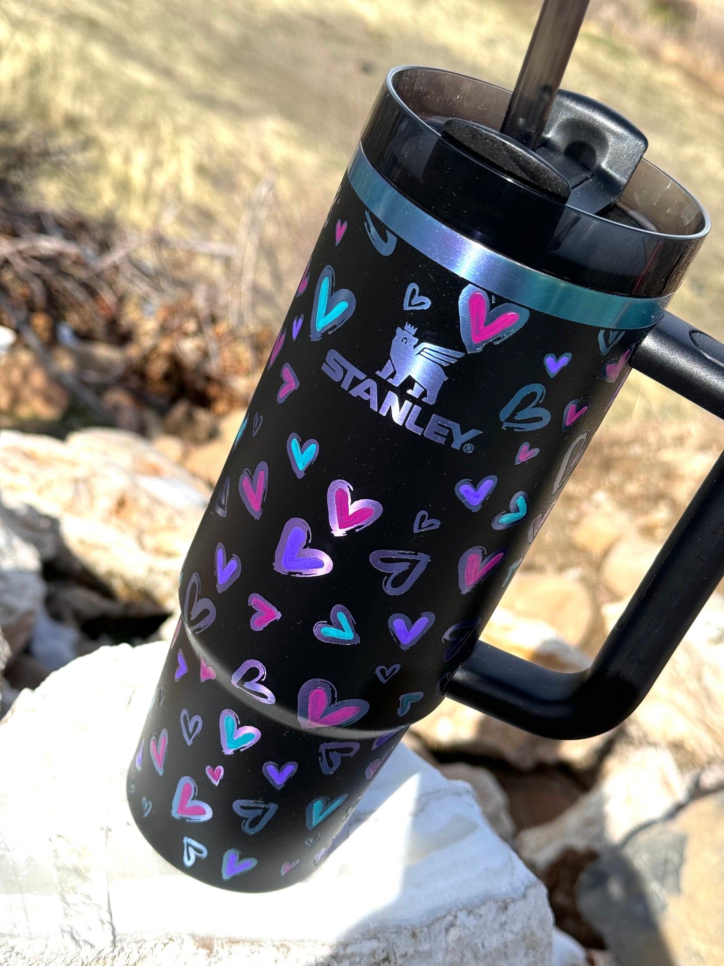 Black Chroma Stanley ‘Hearts’ Engraved and Painted Tumbler
