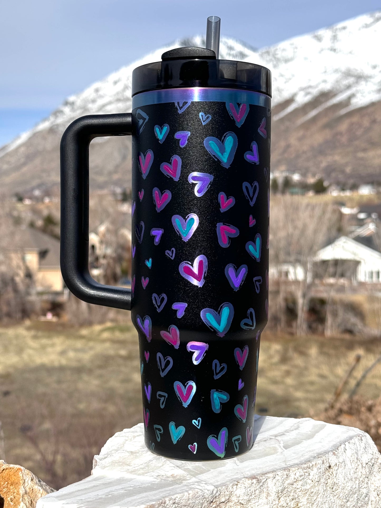 Black Chroma Stanley ‘Hearts’ Engraved and Painted Tumbler