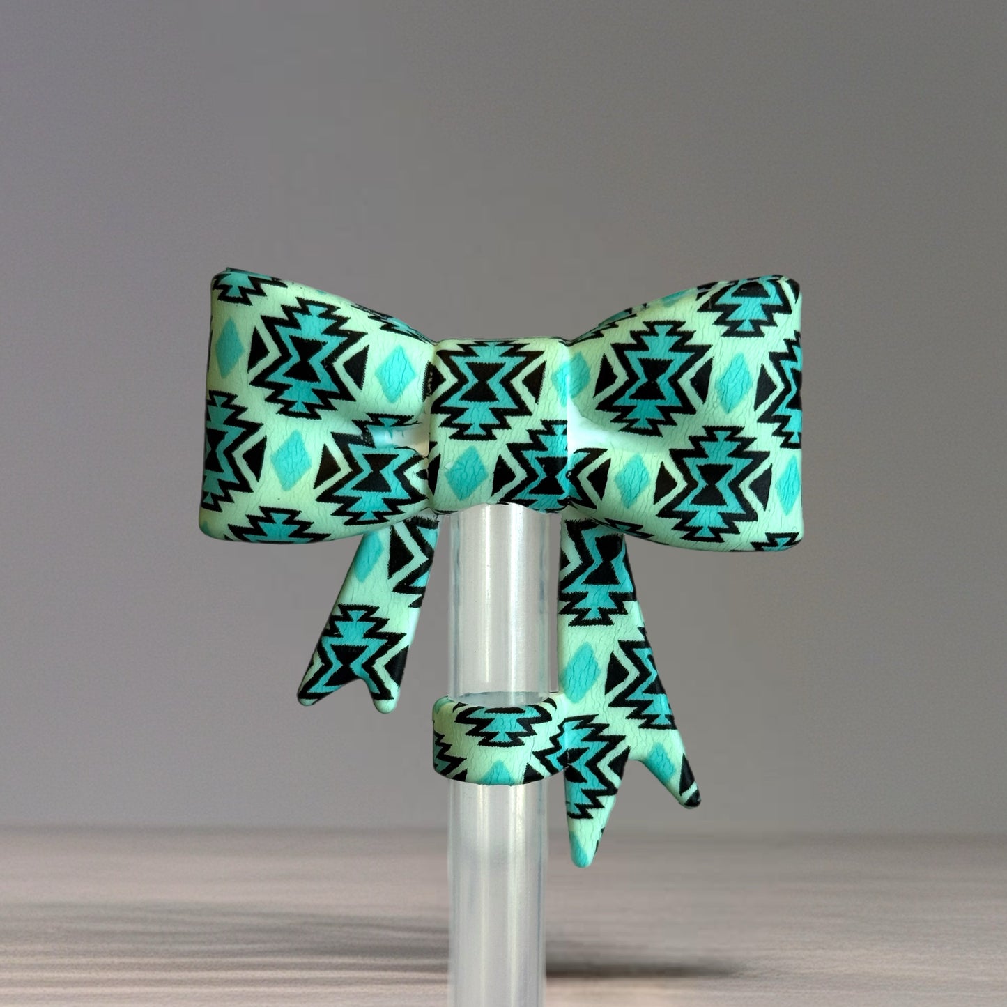Teal Aztec 3D Bow Straw Topper