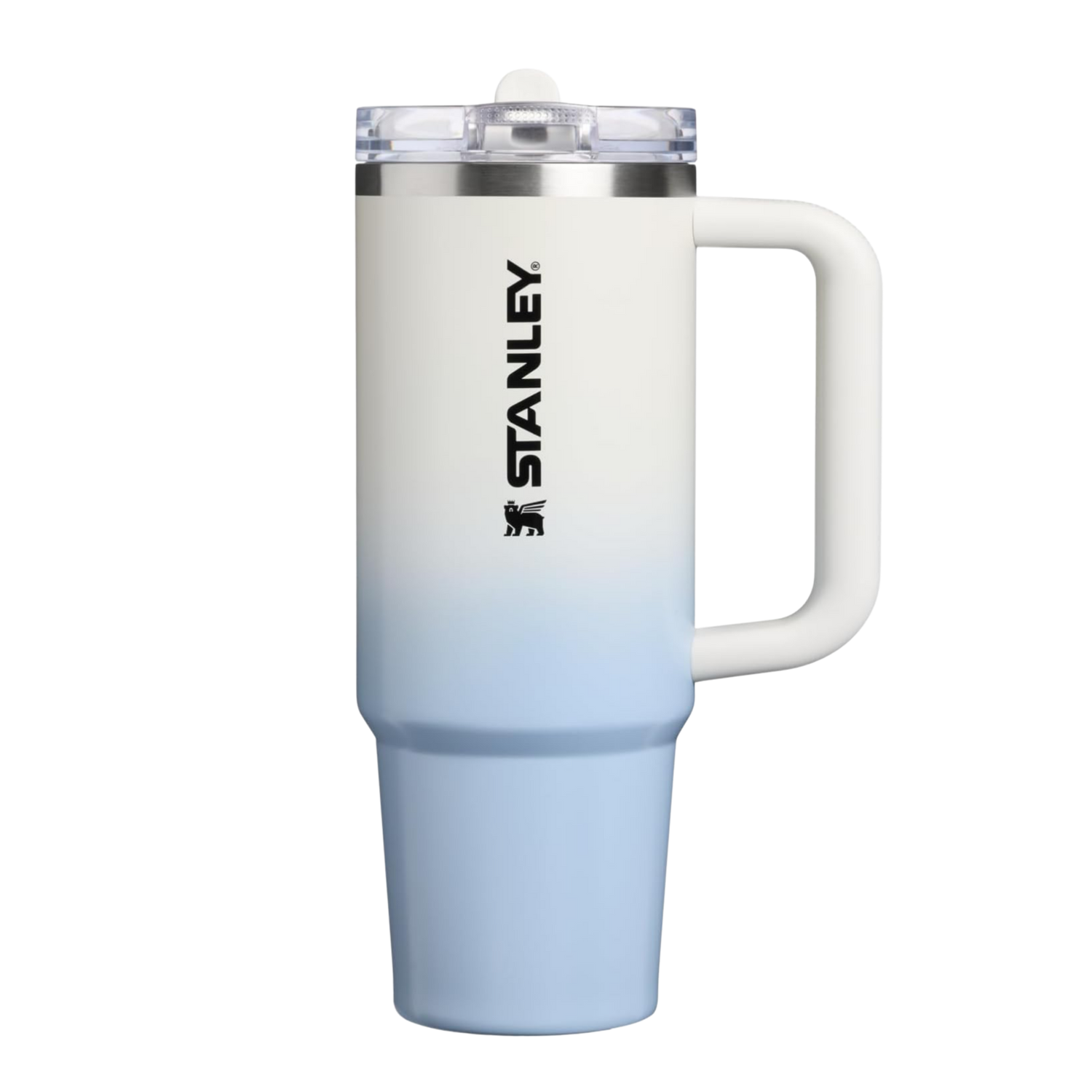 Stanley Blue Dream Gradient tumbler styled with a matching blue silicone boot, tumbler bow, straw topper, charm, and bracelet by Etch & Ember.