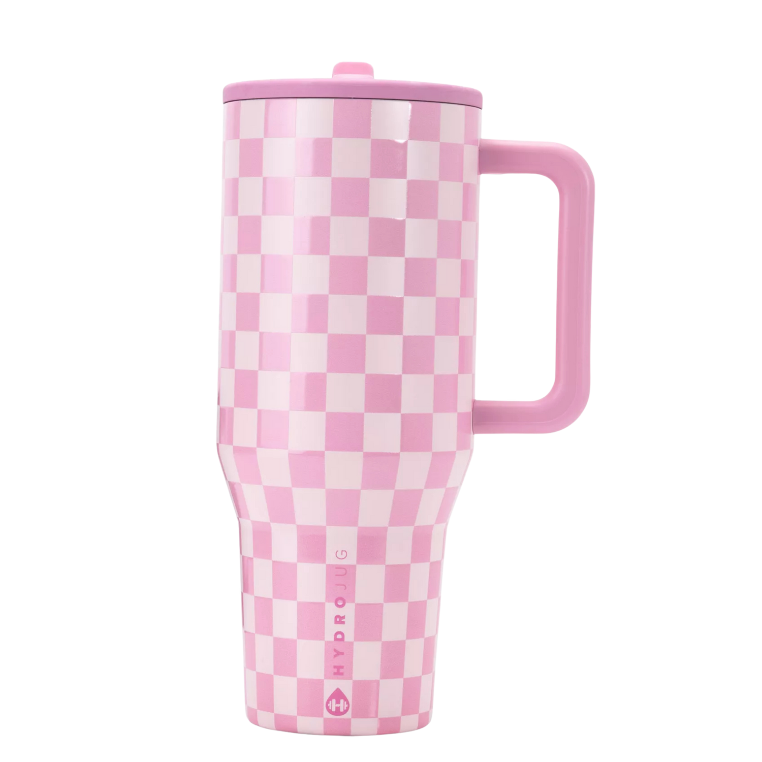 HydroJug Pink Checkers tumbler styled with matching silicone boot, straw topper, tumbler charm, bow and bracelet by Etch & Ember