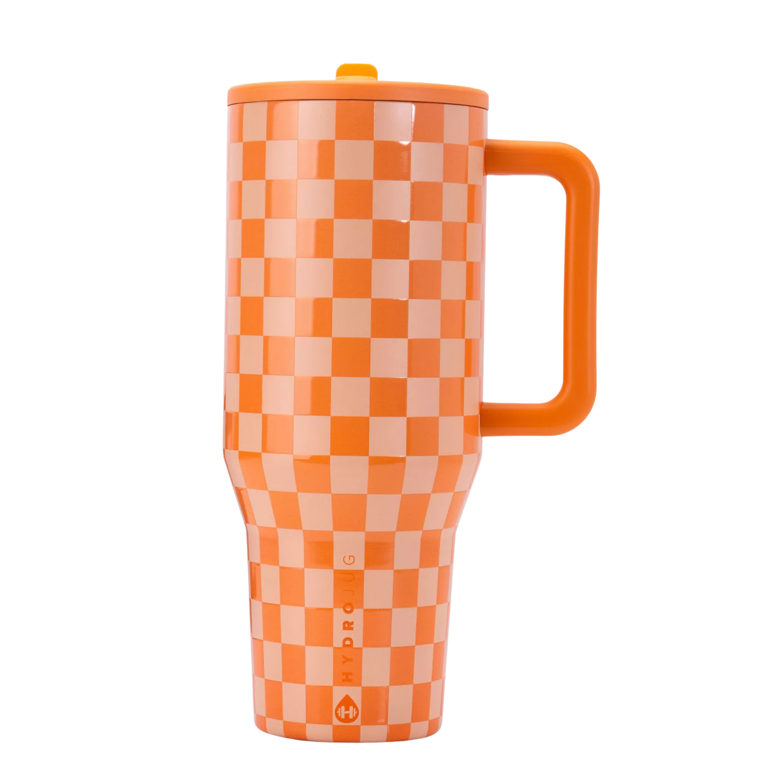 HydroJug Orange Checkers tumbler with matching silicone boot, tumbler charm, bow, bracelet and straw topper in coordinated retro checkerboard aesthetic
