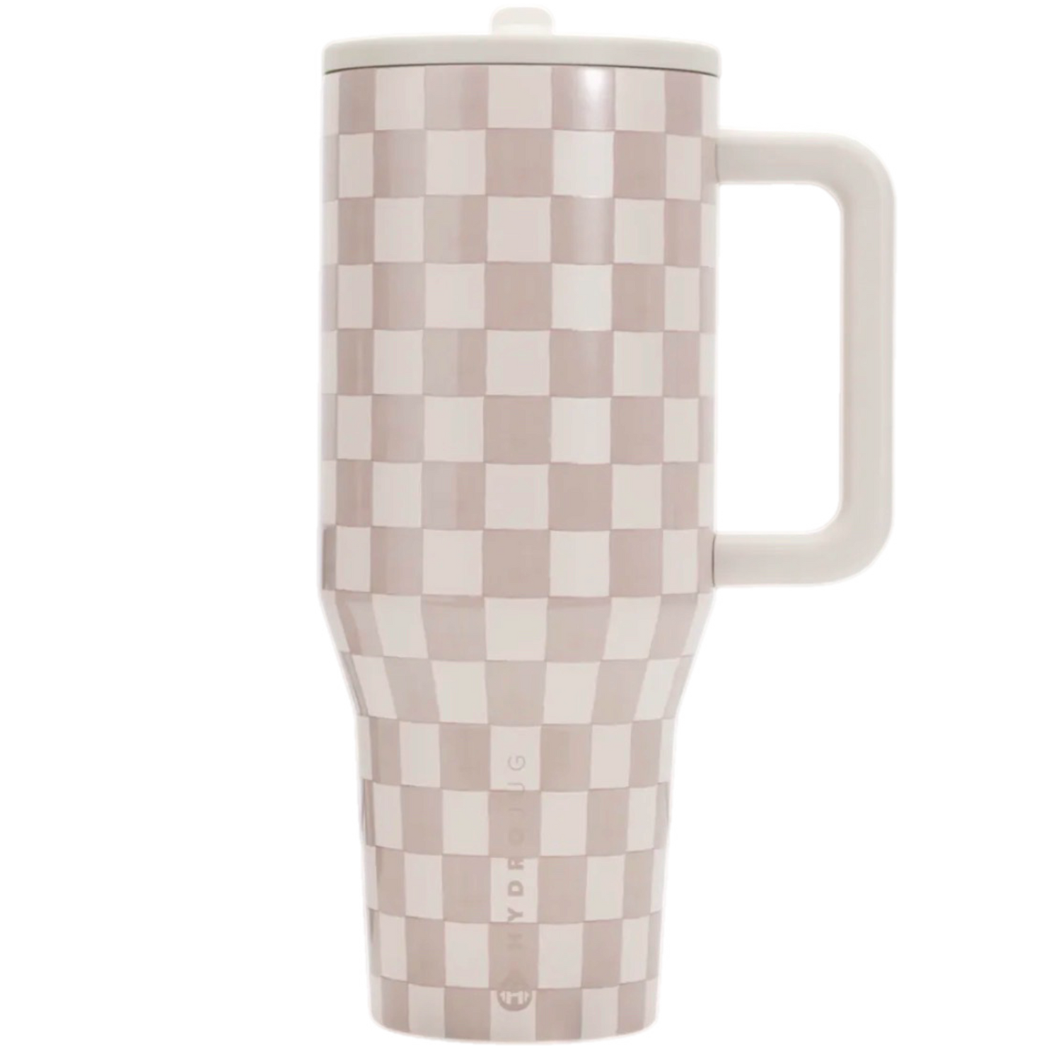 HydroJug Sandstone tumbler styled with neutral silicone boot, charm, mini bauble, and straw topper in warm beige tones