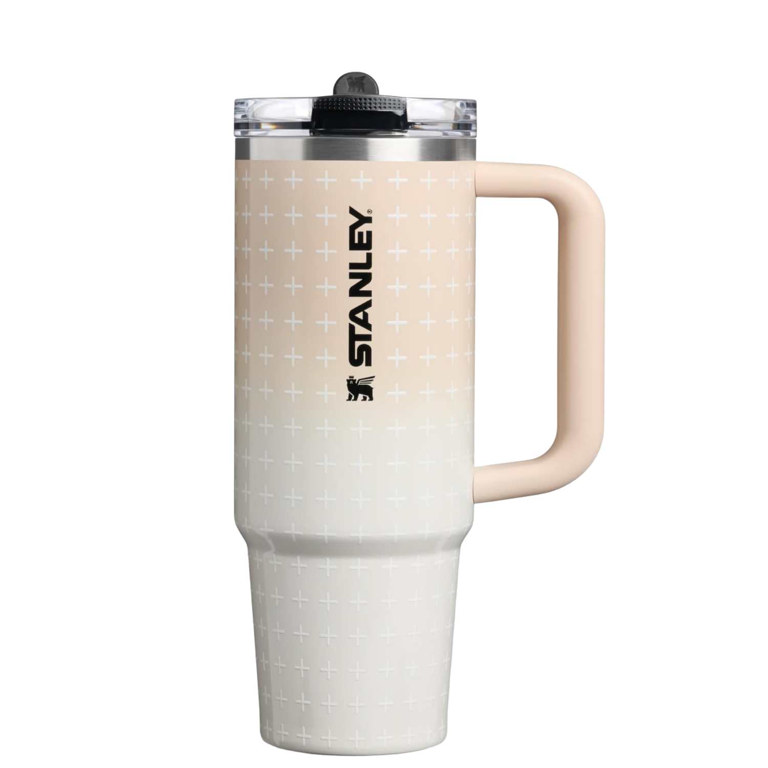 Stanley Champagne Plus tumbler decorated with matching silicone boot, bow, charm, bracelet and straw topper by Etch & Ember