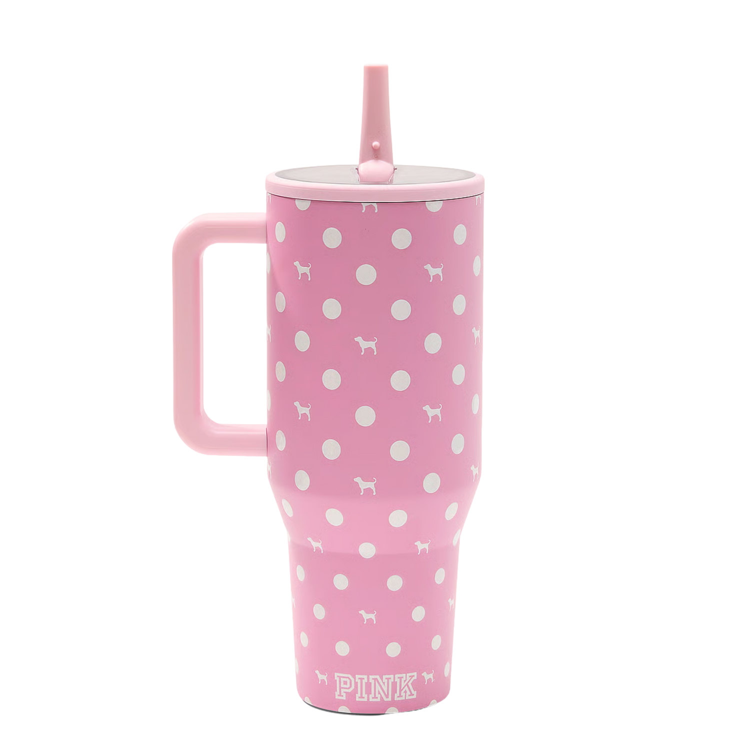HydroJug Traveler 40oz Pink Dot Dog pink polka dot tumbler with matching silicone boot, bow, charm and straw topper