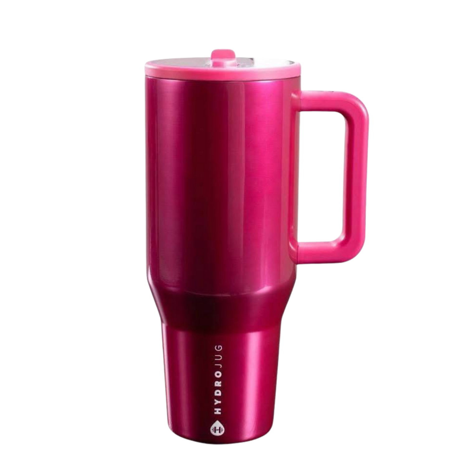 HydroJug x Poppi Pink Chrome tumbler styled with matching pink chrome silicone boot, tumbler charm, bow, bracelet and straw topper by Etch & Ember