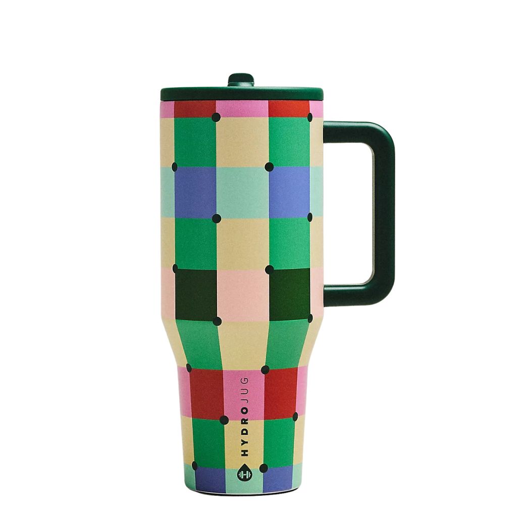 HydroJug Harvest Check 40 oz Traveler with multicolored green, pink, lavender, yellow, and mint checkered pattern, black dotted accents, and dark green lid and handle