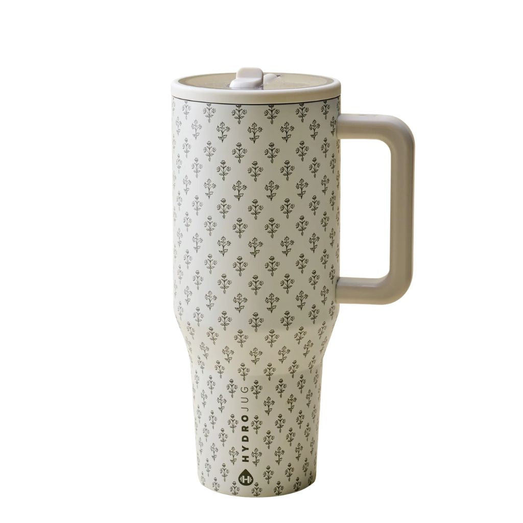 HydroJug Heirloom Floral Cream 40 oz Traveler with warm ivory background, miniature olive-gray botanical floral sprigs, matching cream handle and lid