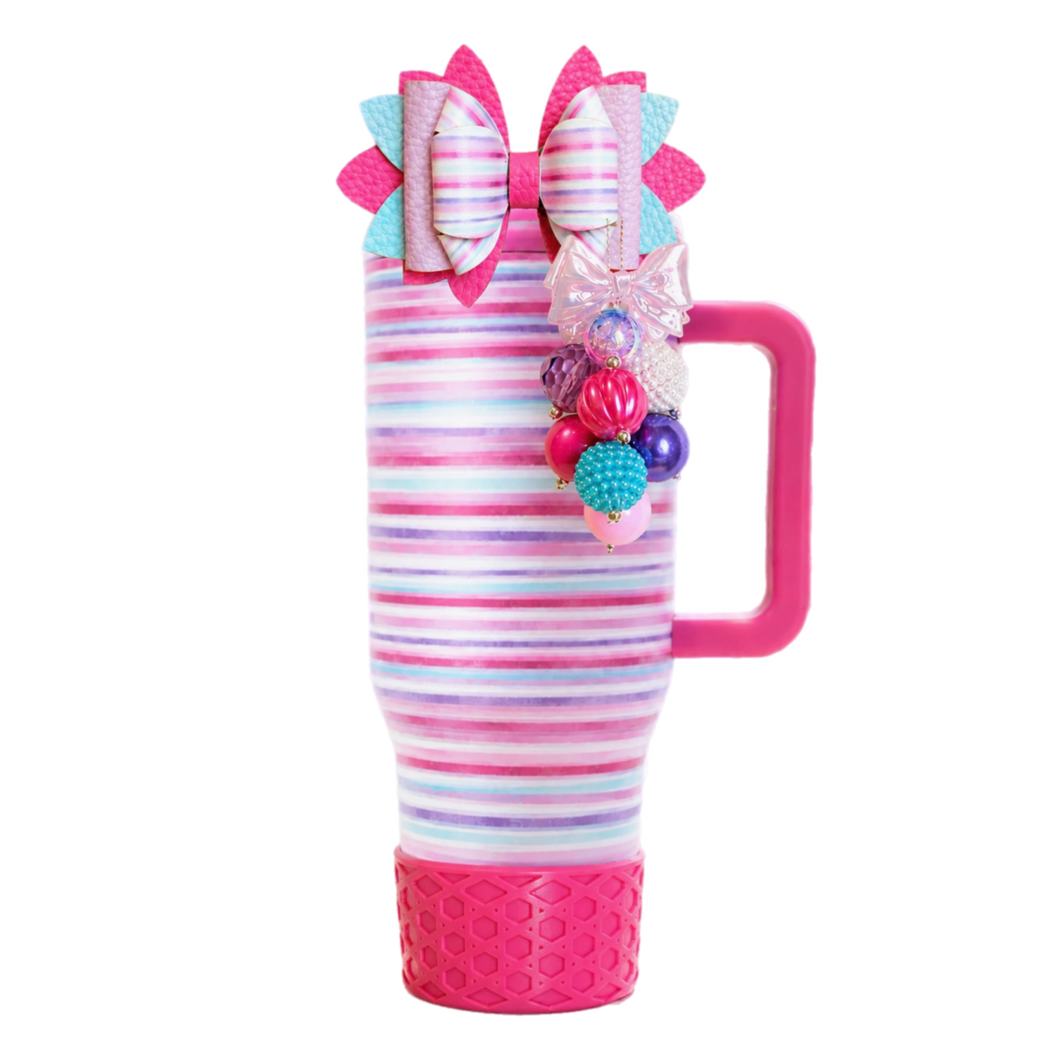 HydroJug Pink Horizon striped tumbler with bright pink silicone boot, layered beaded charm, oversized tumbler bow, bracelet and pastel cup accessories aesthetic