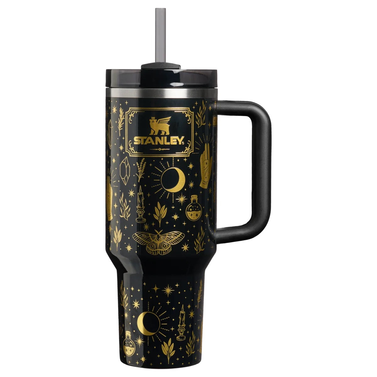 Stanley Black Magic tumbler in black with gold celestial moon stars moth crystals and mystical designs