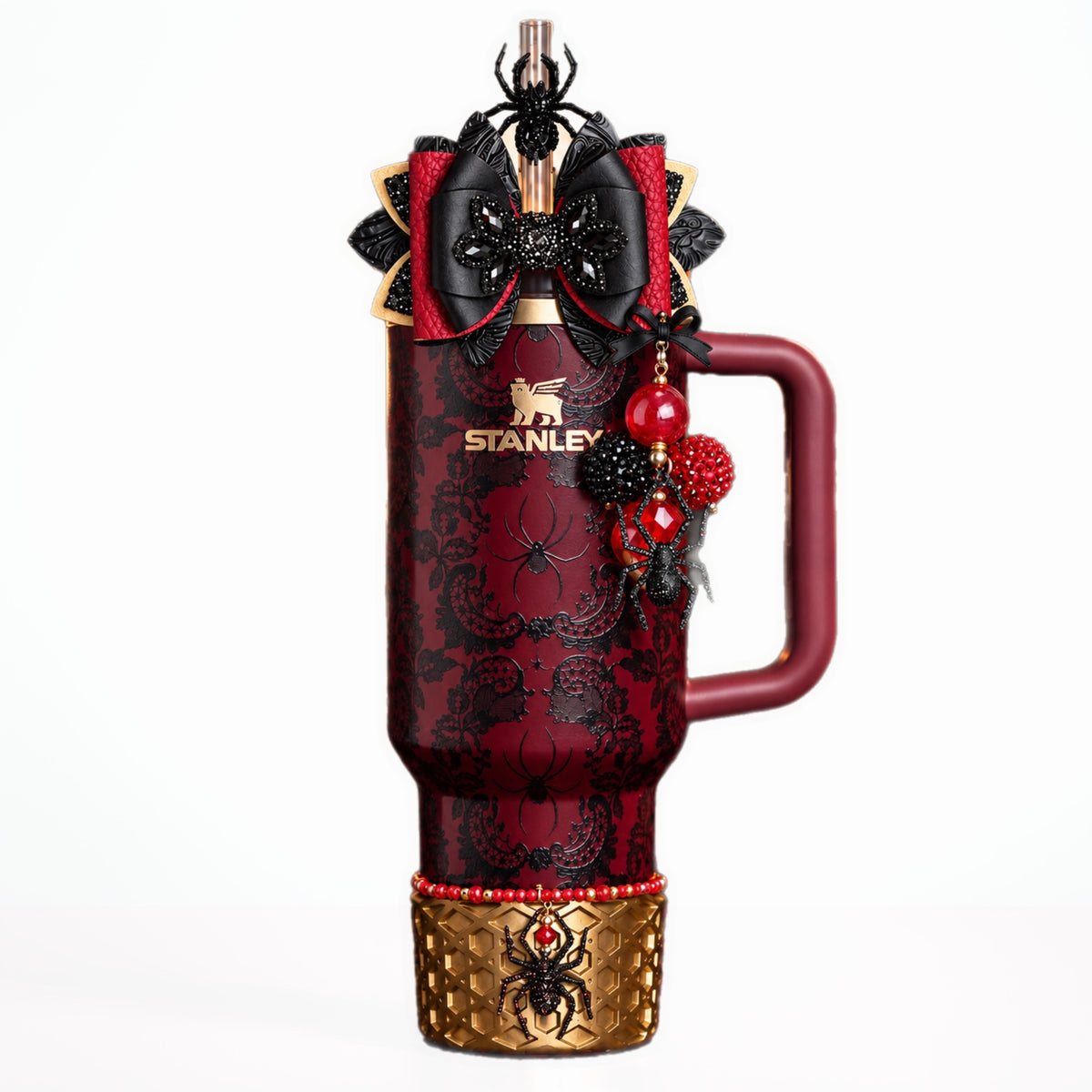 Stanley Bordeaux Lace tumbler with burgundy red finish, black gothic lace spider pattern and gold accents