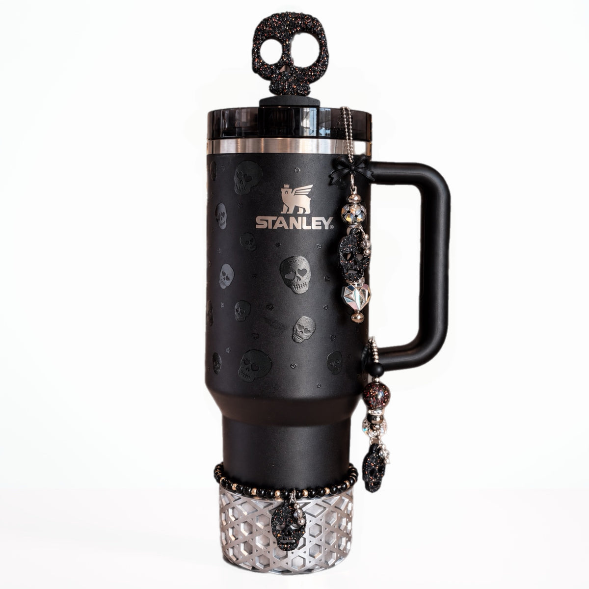 Stanley Sweetheart Skulls black Target Halloween tumbler with tonal skull design styled with matching spooky accessories