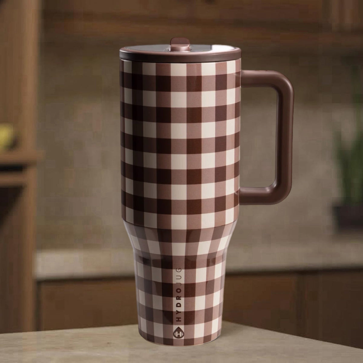 HydroJug Traveler in Coconut Gingham brown gingham print
