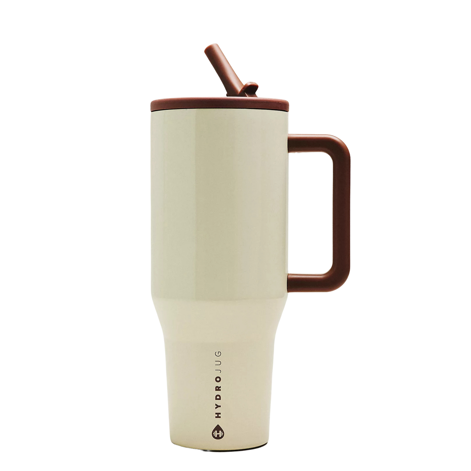 HydroJug Cappuccino 40 oz tumbler with espresso brown lid styled with matching silicone boot, straw topper, bow, charm and bracelet