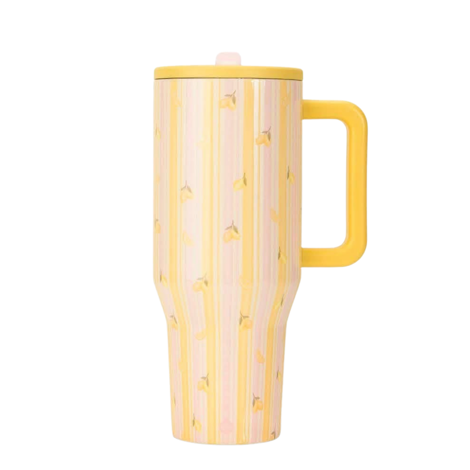HydroJug Pink Lemonade insulated tumbler styled with matching pastel pink silicone boot, tumbler charm, bow, bracelet and straw topper by Etch & Ember