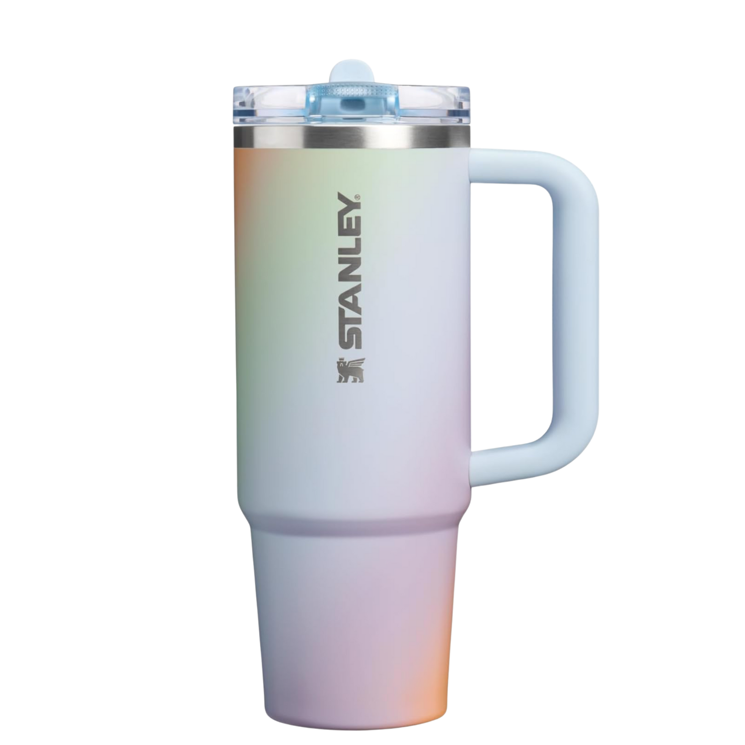 Stanley Sunrise Spiral Quencher tumbler decorated with matching silicone boot, tumbler charm, bow, bracelet and straw topper by Etch & Ember