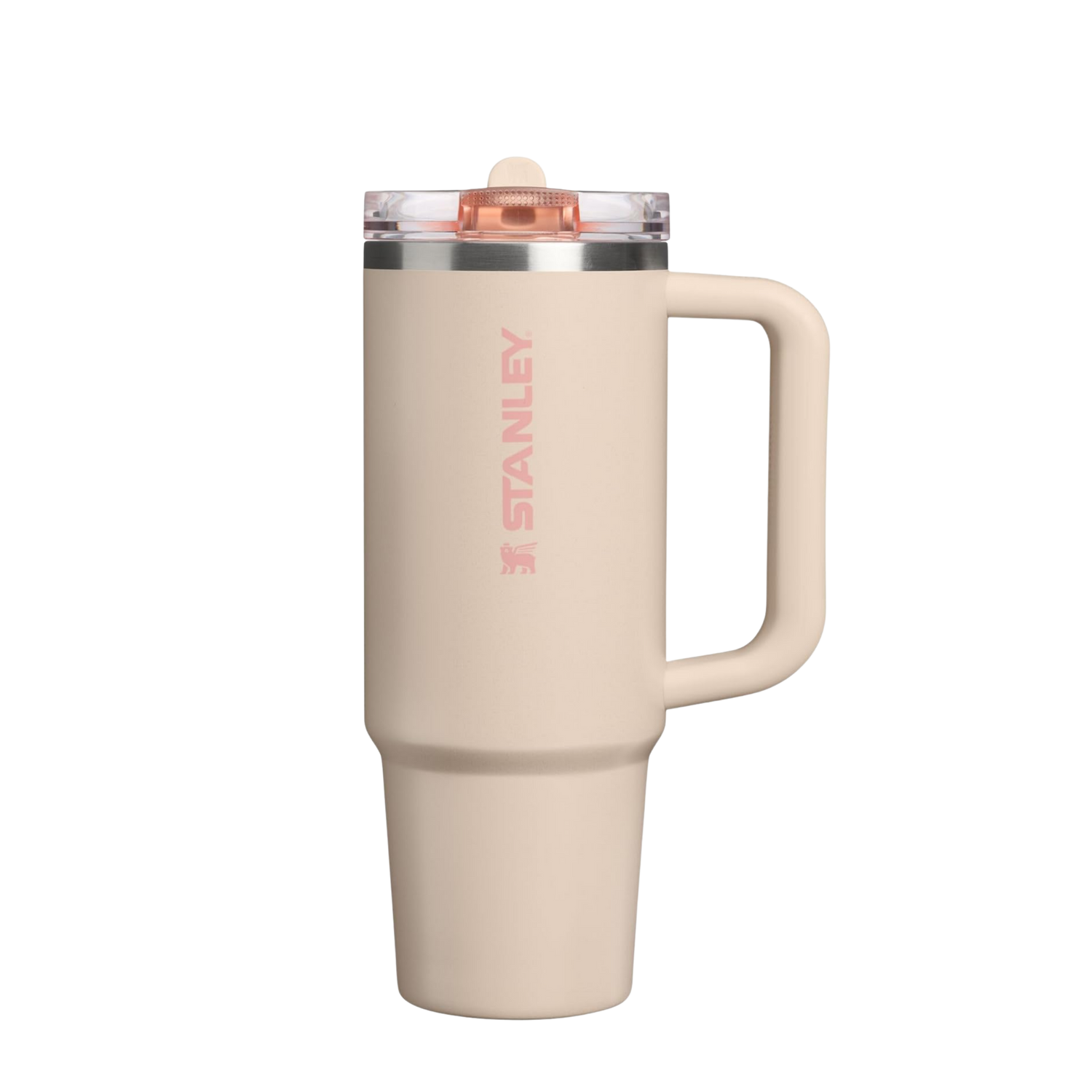 Decorated Stanley Champagne 40 oz tumbler styled with matching neutral silicone boot, tumbler charm, bow, bracelet and straw topper by Etch & Ember