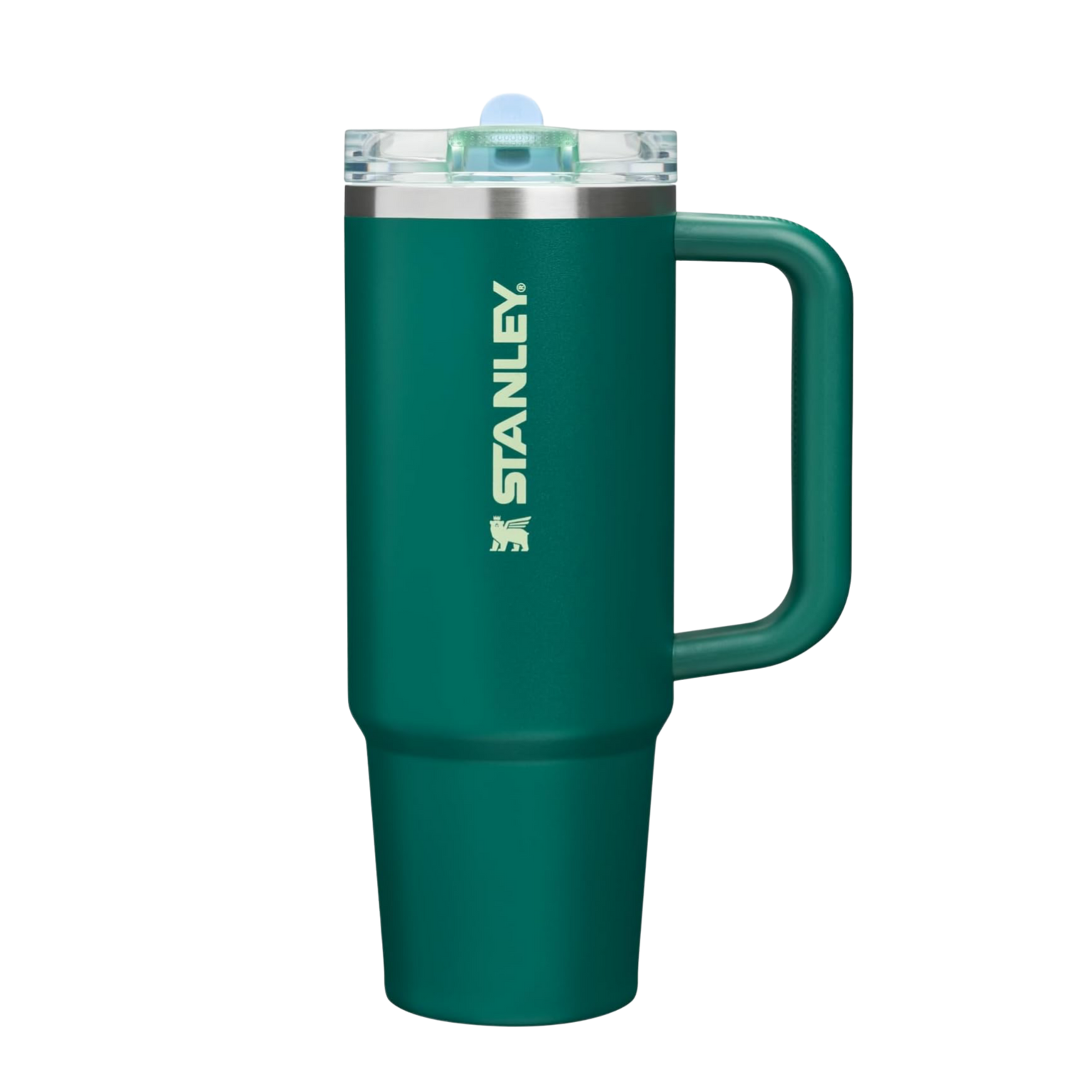 Stanley Emerald Honeydew tumbler styled with matching silicone boot, tumbler charm, bow, bracelet and straw topper in a coordinated green aesthetic by Etch & Ember