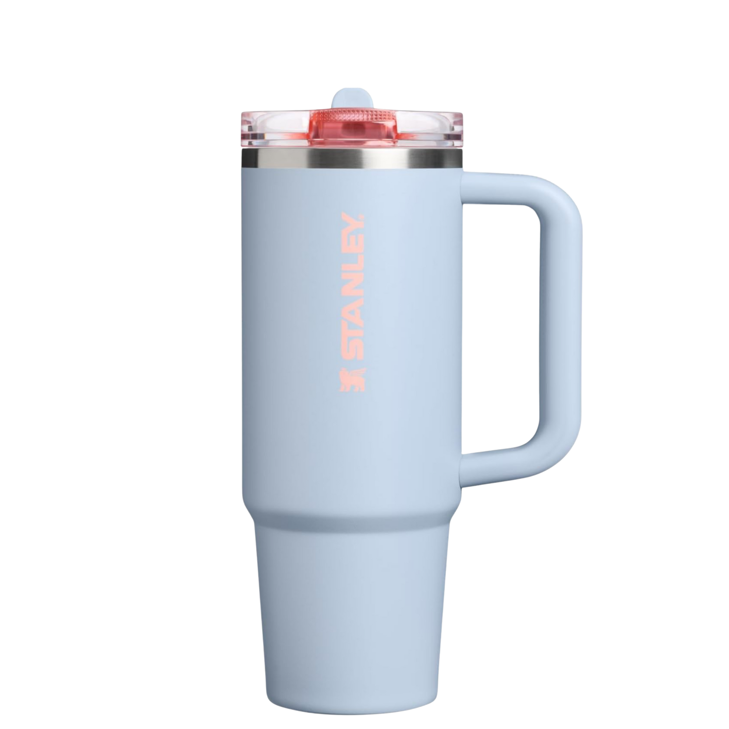 Stanley Blue Dream tumbler styled with matching pastel blue silicone boot, tumbler charm, bow, bracelet, and straw topper by Etch & Ember.