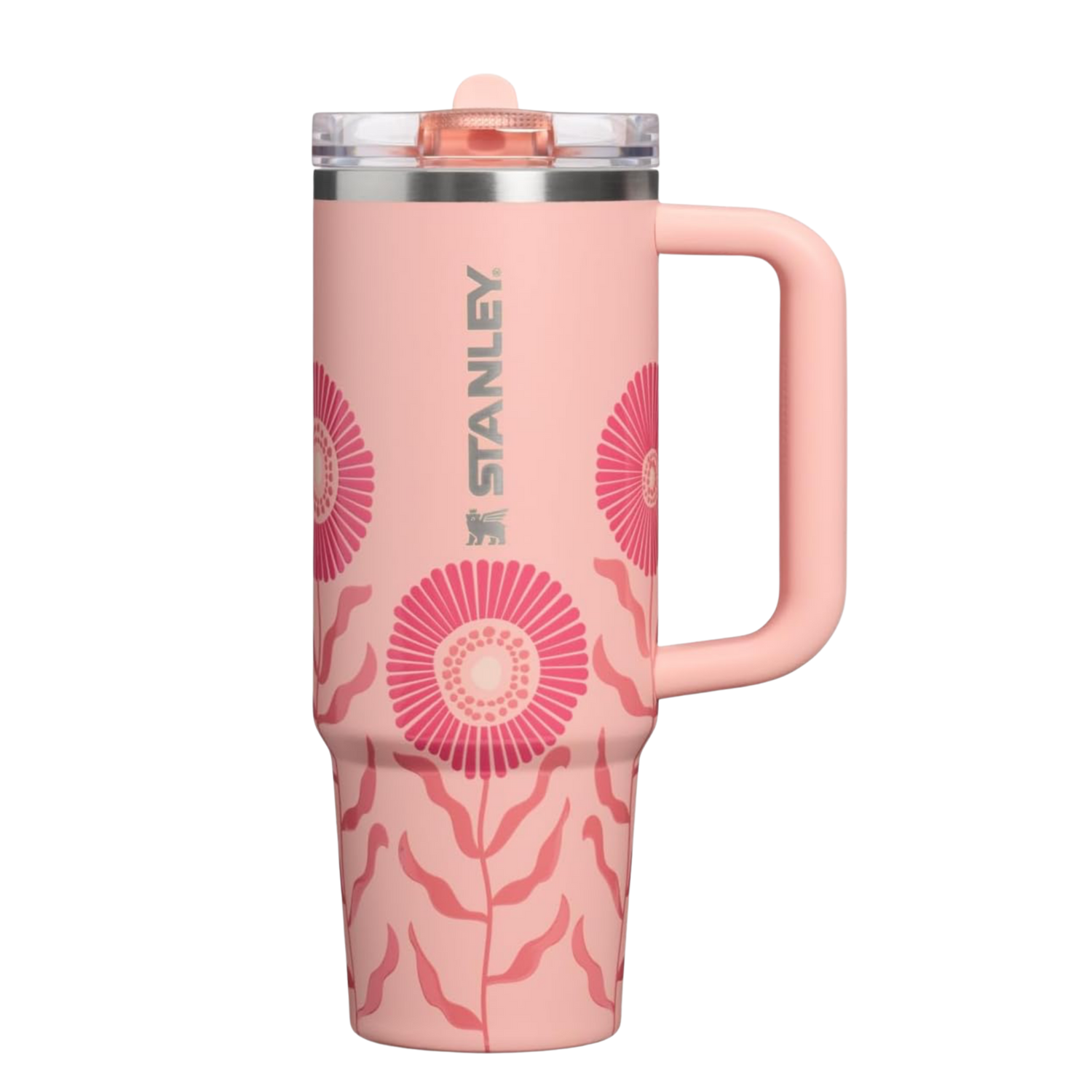 Stanley Sorbet Garden tumbler styled with matching silicone boot, straw topper, tumbler charm, bow, and bracelet in a coordinated floral spring aesthetic