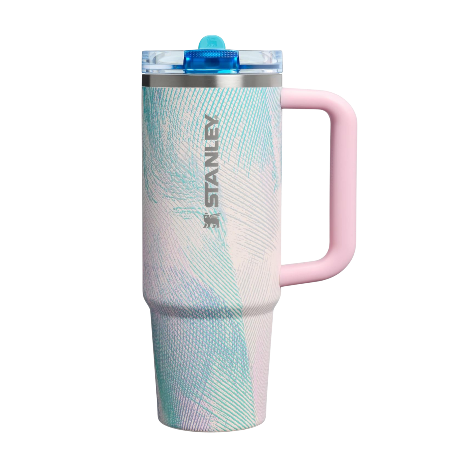 Flat lay of Stanley Sea Glass Plume 40 oz tumbler with matching silicone boot, tumbler charm, bow, straw topper and bracelet in a soft coastal seafoam blue aesthetic