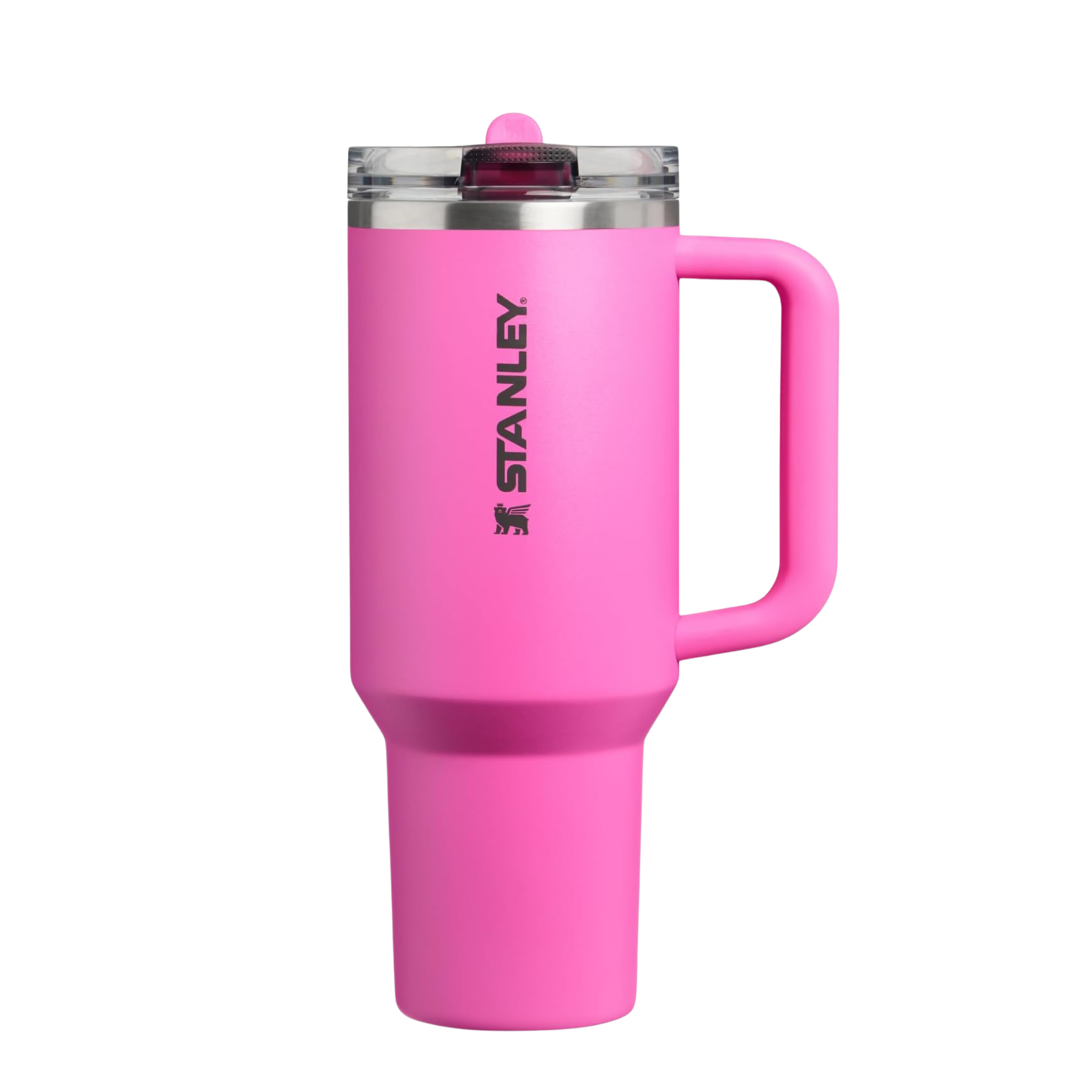 Stanley Hot Pink Stanley Cup styled with matching silicone boot, tumbler charm, pink bow, bracelet and straw topper in a coordinated aesthetic display