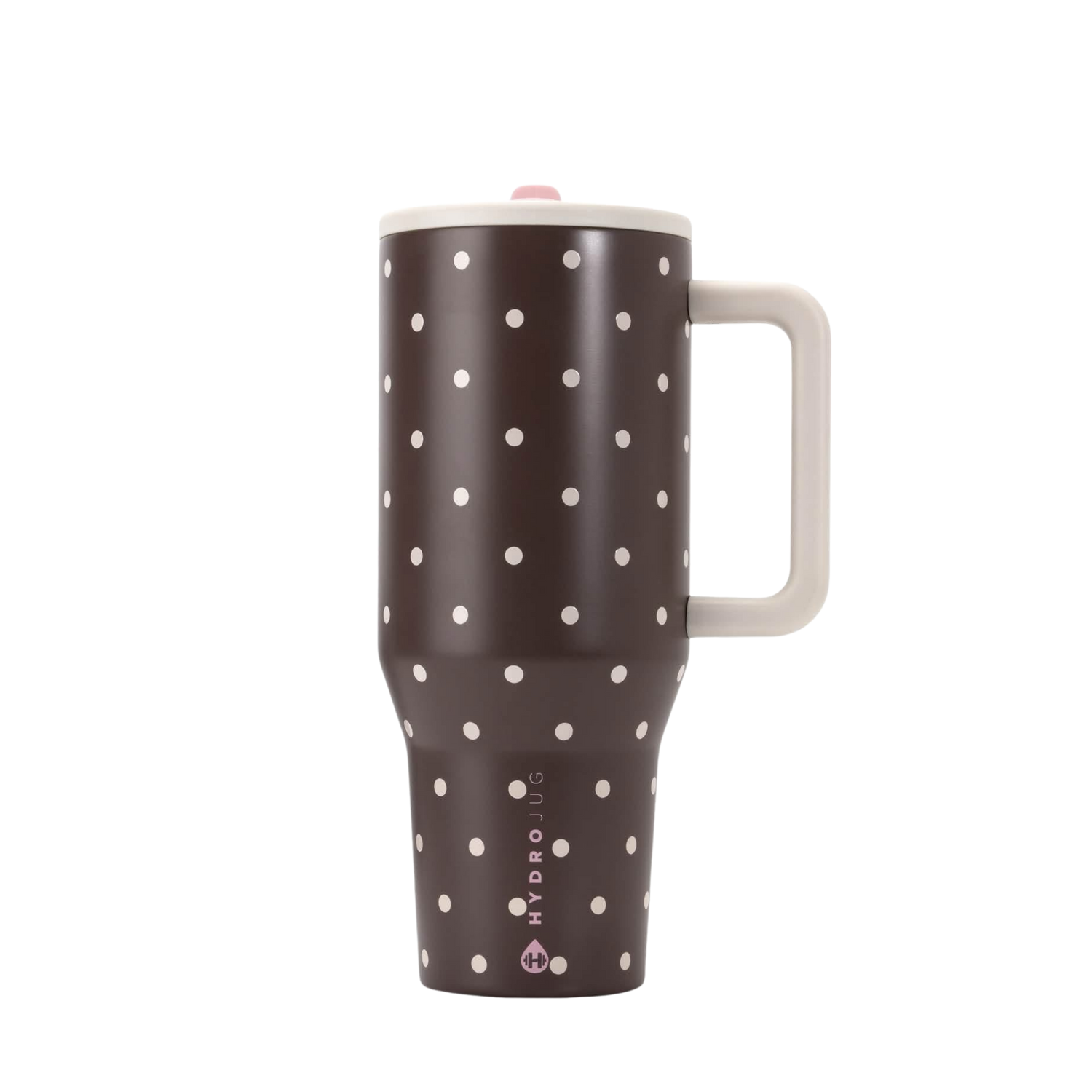 HydroJug On The Dot chocolate brown polka dot tumbler styled with matching silicone boot, bow, charm, bracelet and straw topper.