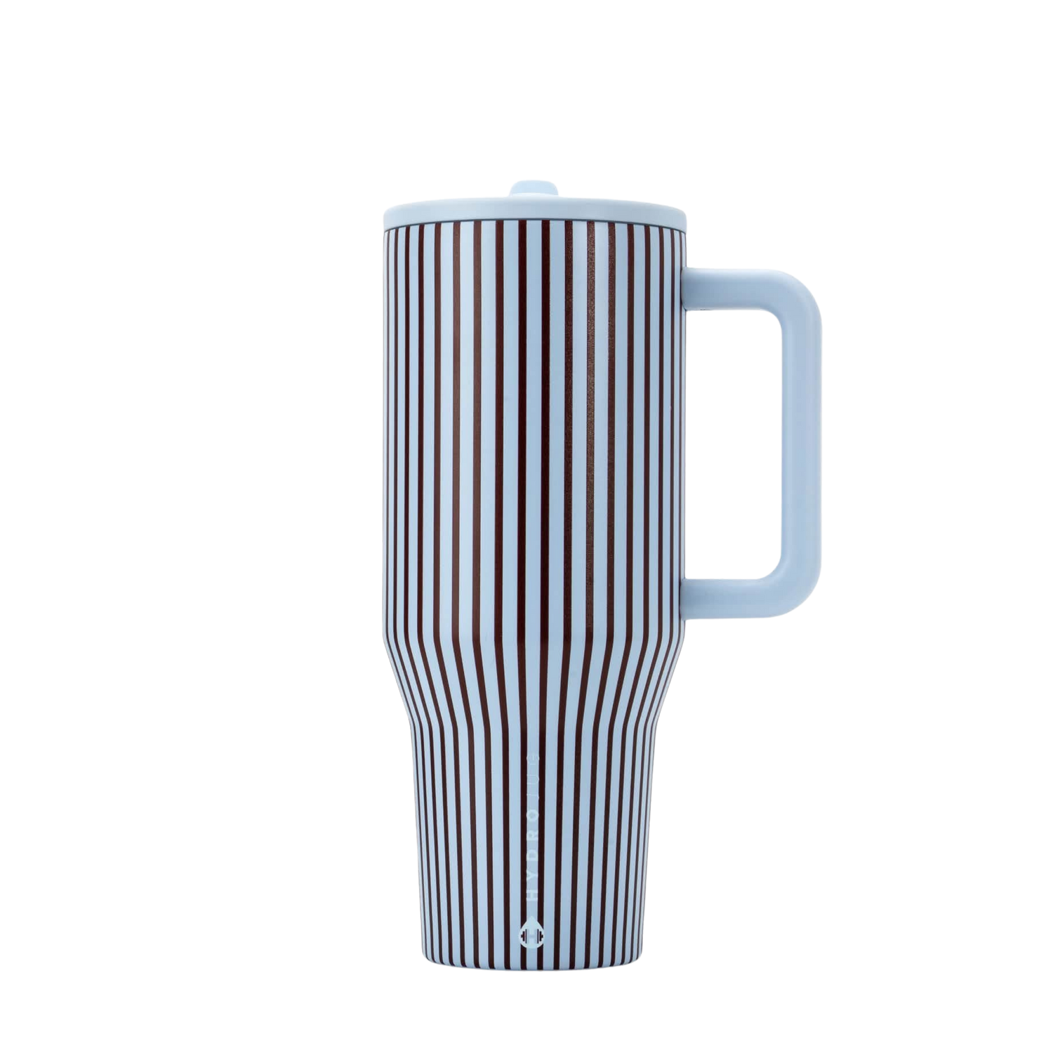 HydroJug Striped Out blue pinstripe tumbler with matching powder blue silicone boot, brown bow, tumbler charm, bracelet and straw topper