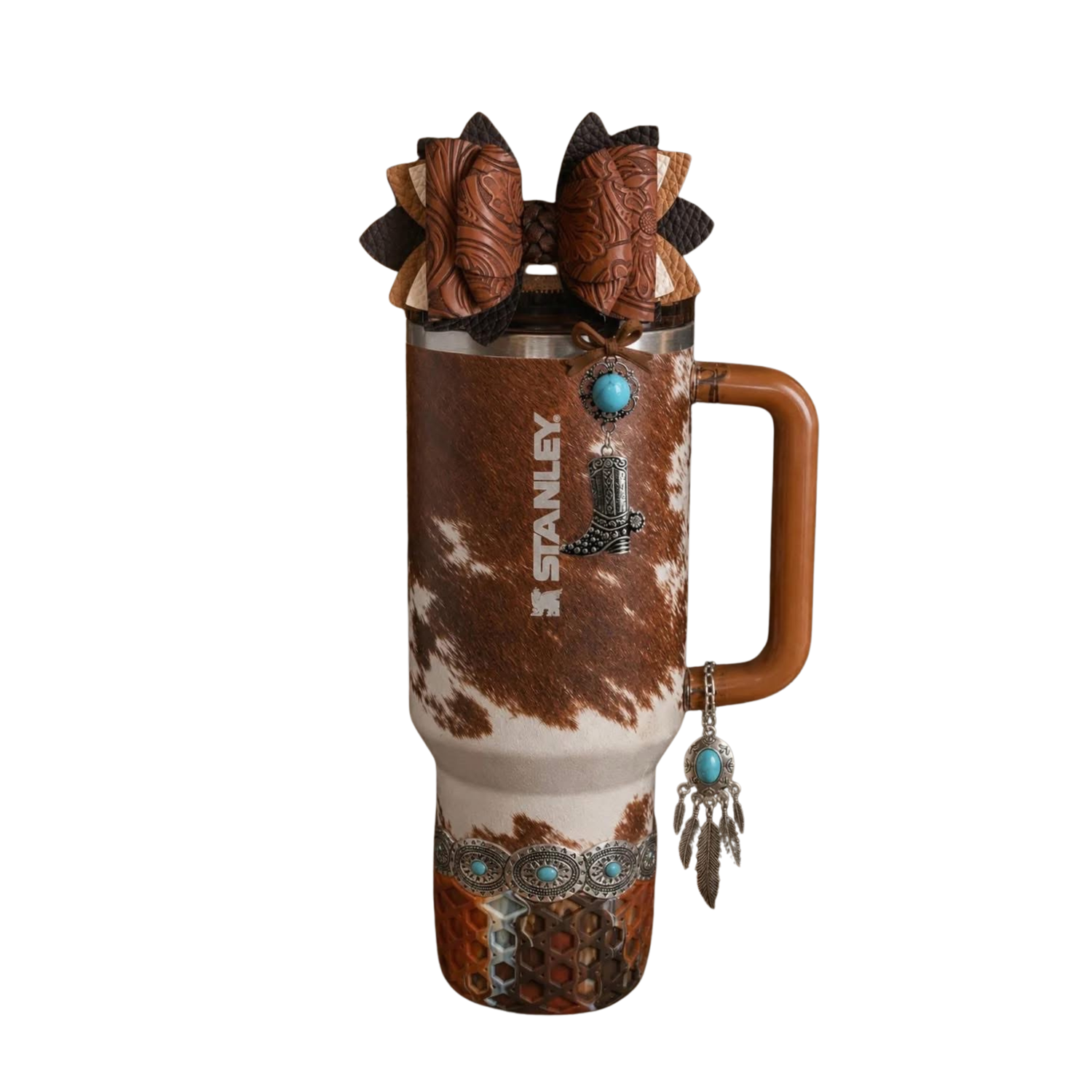 Stanley x Kacey Musgraves Rodeo tumbler with matching silicone boot, tumbler charm, bow, bracelet and straw topper accessories