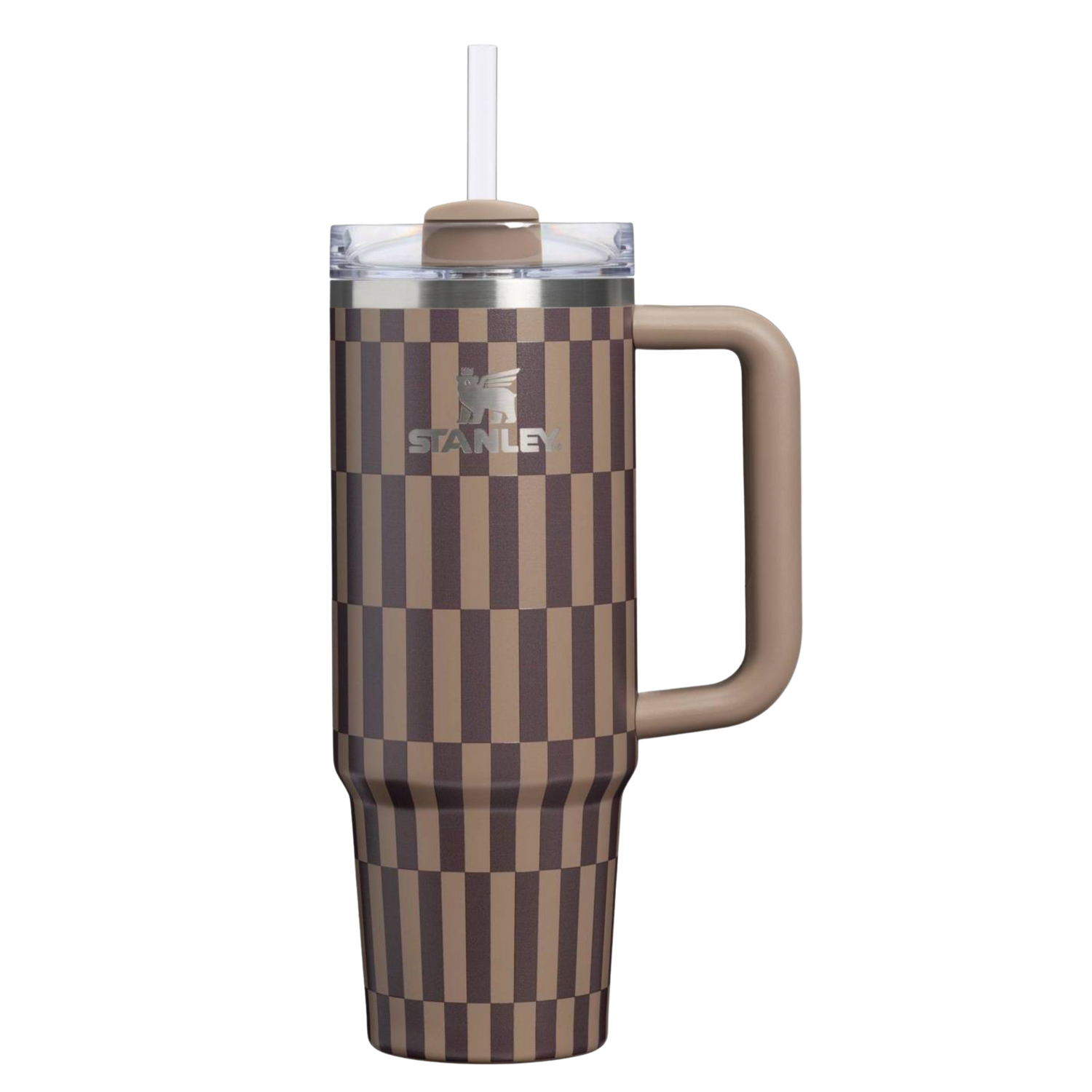 Stanley Smokey Taupe Tile checkered tumbler with matching silicone boot, tumbler charm, bow, bracelet and straw topper accessories