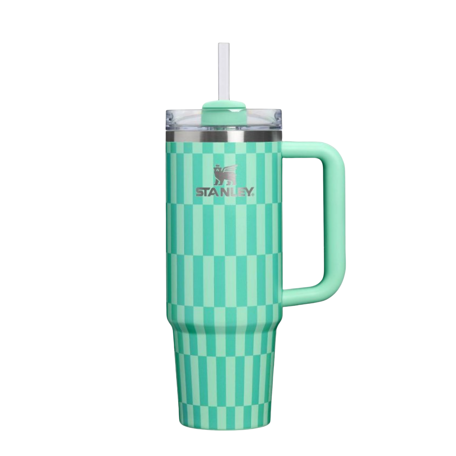 Stanley Dream Green Tile Stanley Quencher with matching mint silicone boot, tumbler charm, bow, bracelet and straw topper accessories