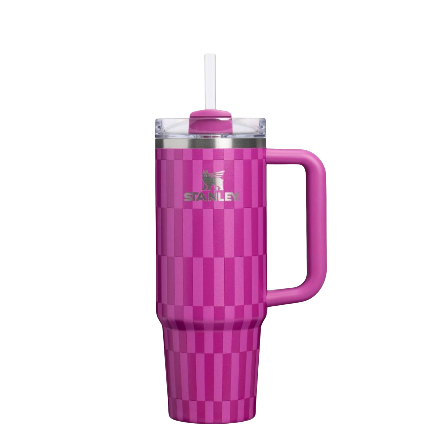 Stanley Dark Blossom Tile Stanley Quencher styled with matching pink silicone boot, tumbler charm, bow, straw topper and bracelet accessories