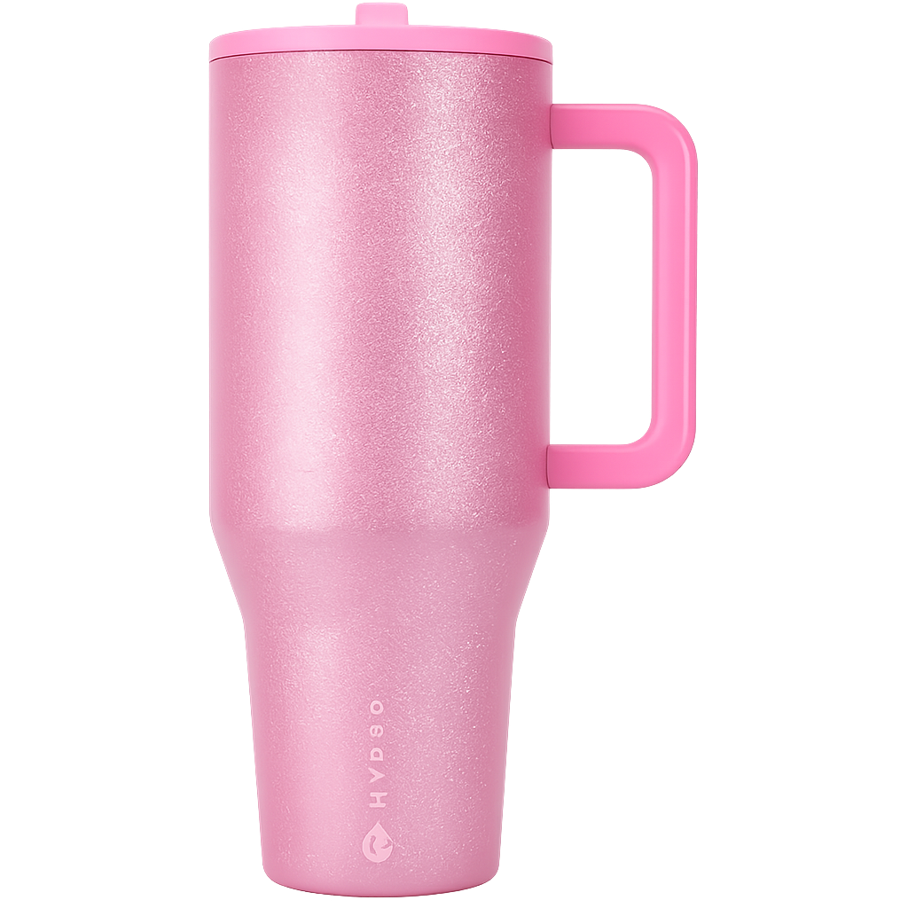 Pretty in Pink HydroJug tumbler styled for accessories and tumbler boots