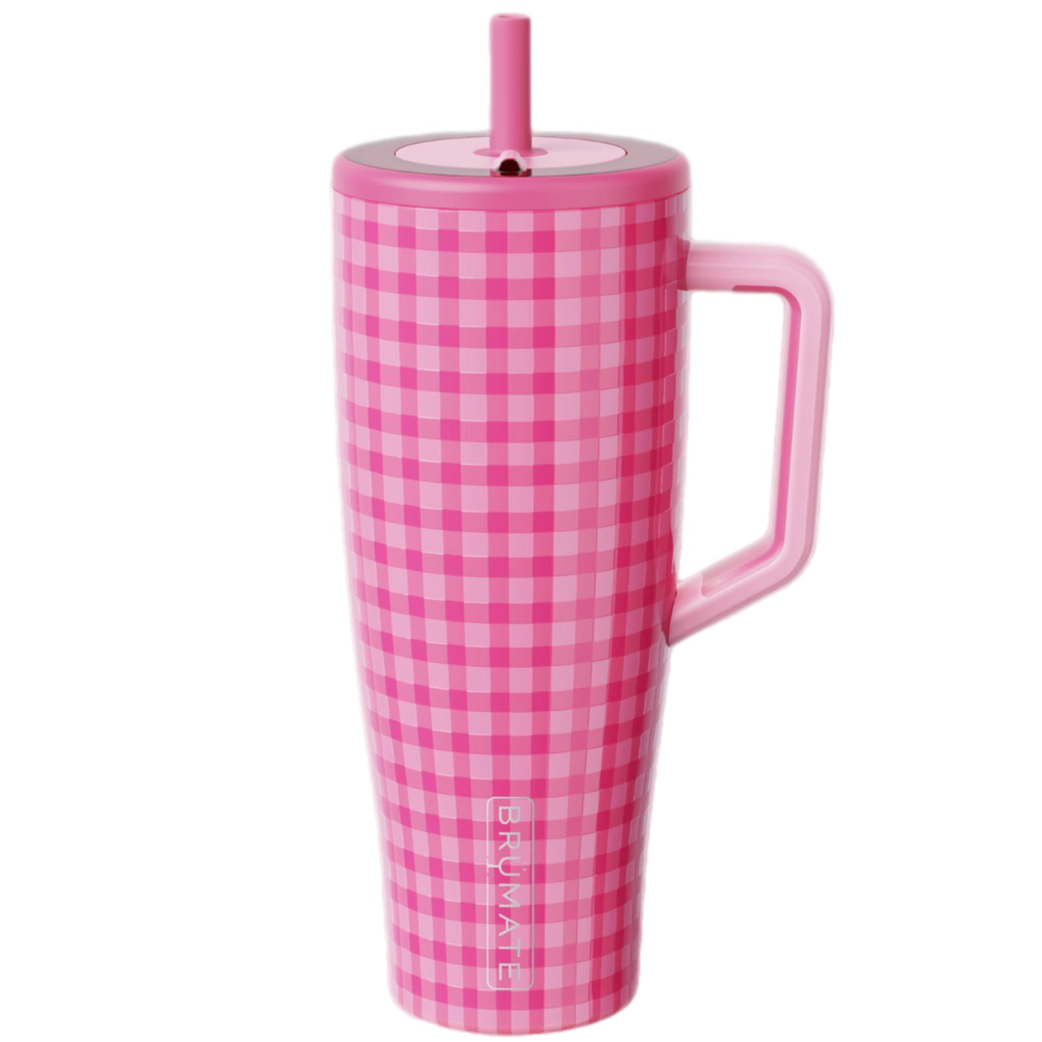 BrüMate Pink Gingham tumbler styled with matching silicone boot, charm, mini bauble, and straw topper in soft pink checkered pattern