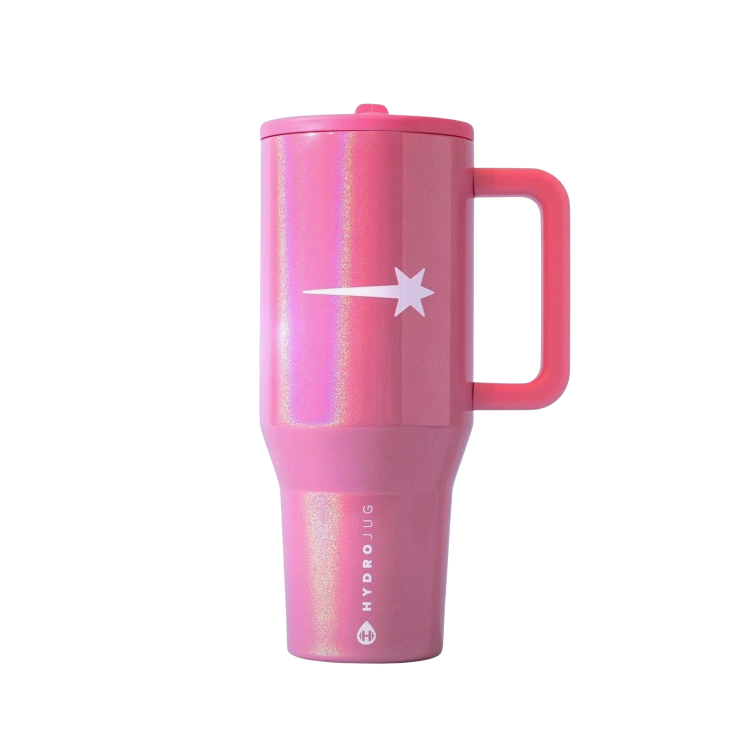 HydroJug Strawberry Pink Shimmer 40oz pink tumbler with iridescent shimmer finish, matching pink handle and lid