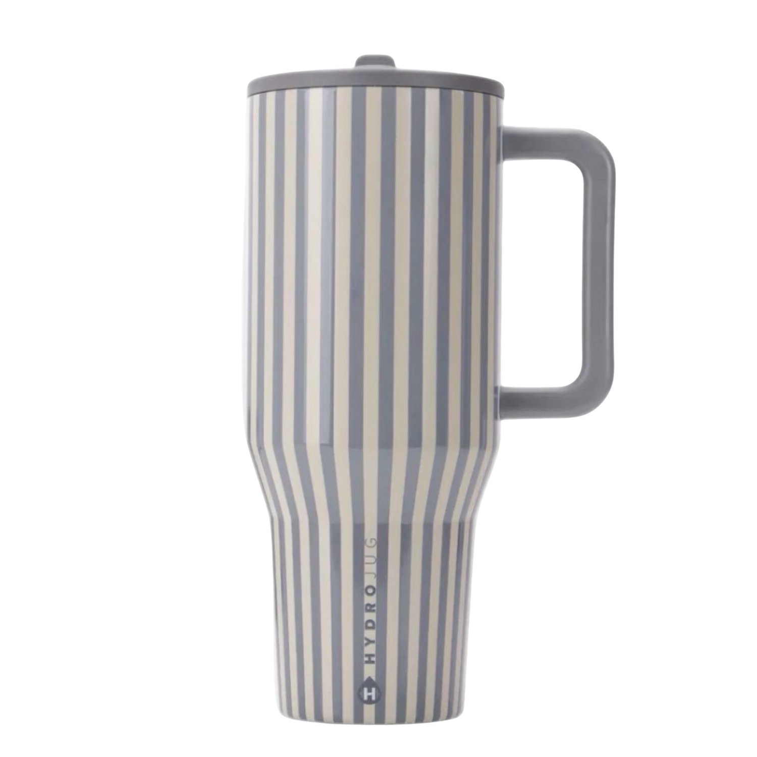 HydroJug Midnight Sage Stripes tumbler featuring gray and cream vertical stripes, styled to coordinate with matching Etch & Ember tumbler accessories.