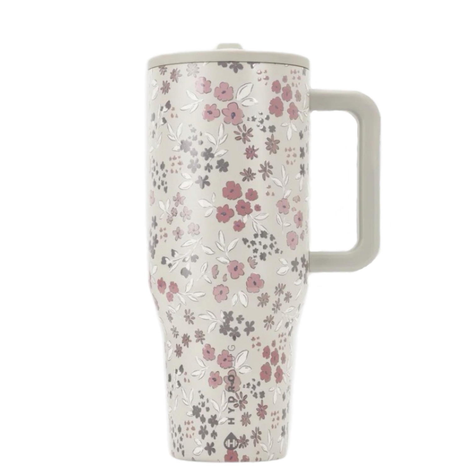 HydroJug Garden floral 40 oz tumbler with pink and neutral wildflower print, cream handle, leakproof lid, and coordinating tumbler accessory aesthetic.