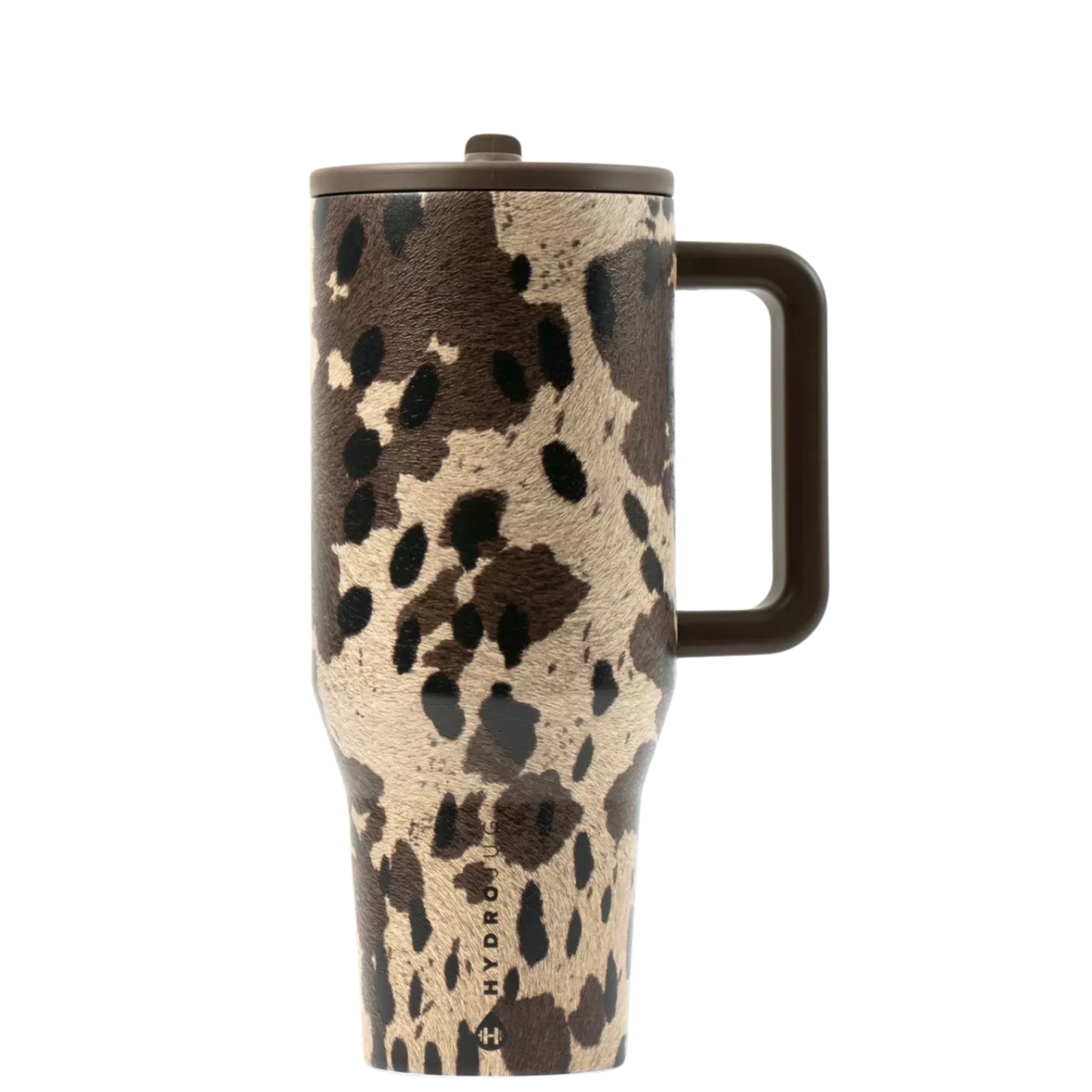 HydroJug Appaloosa 40 oz tumbler with a western-inspired brown and cream Appaloosa cowhide print, matching handle, and leakproof lid.