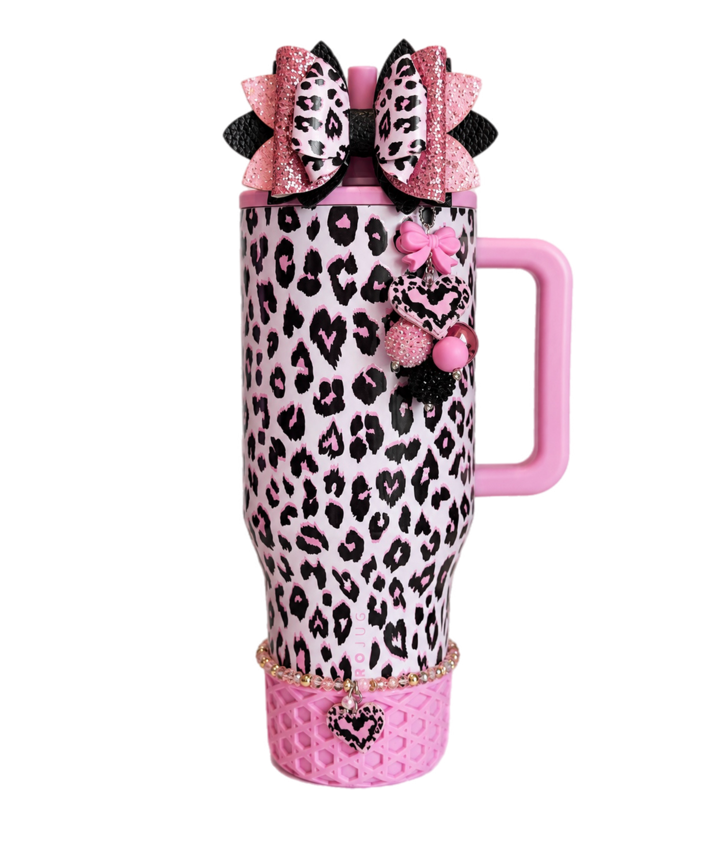 HydroJug x PINK Leopard pink tumbler styled with matching silicone boot, tumbler bow, charm, straw topper and bracelet
