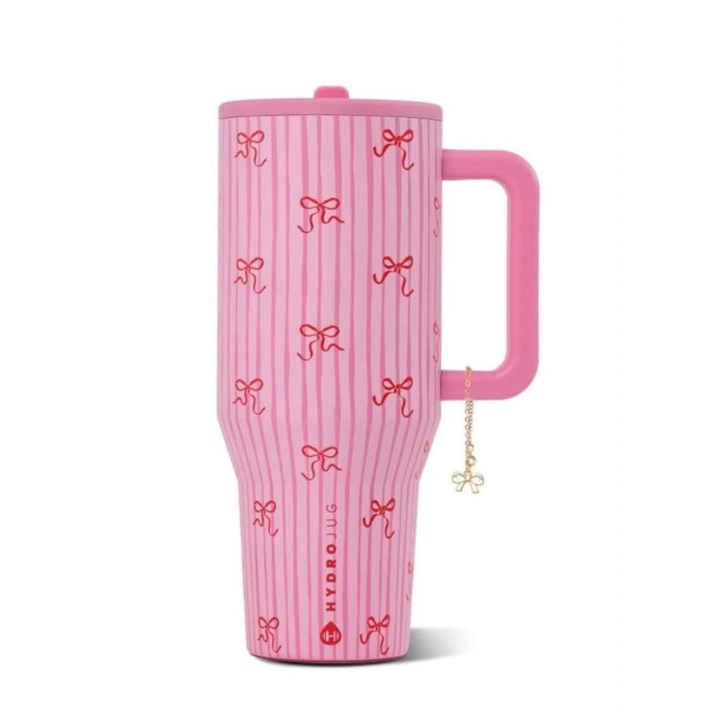 HydroJug Pinkmas 40 oz Traveler with soft pink vertical stripes, tiny red ribbon bows, and pink lid
