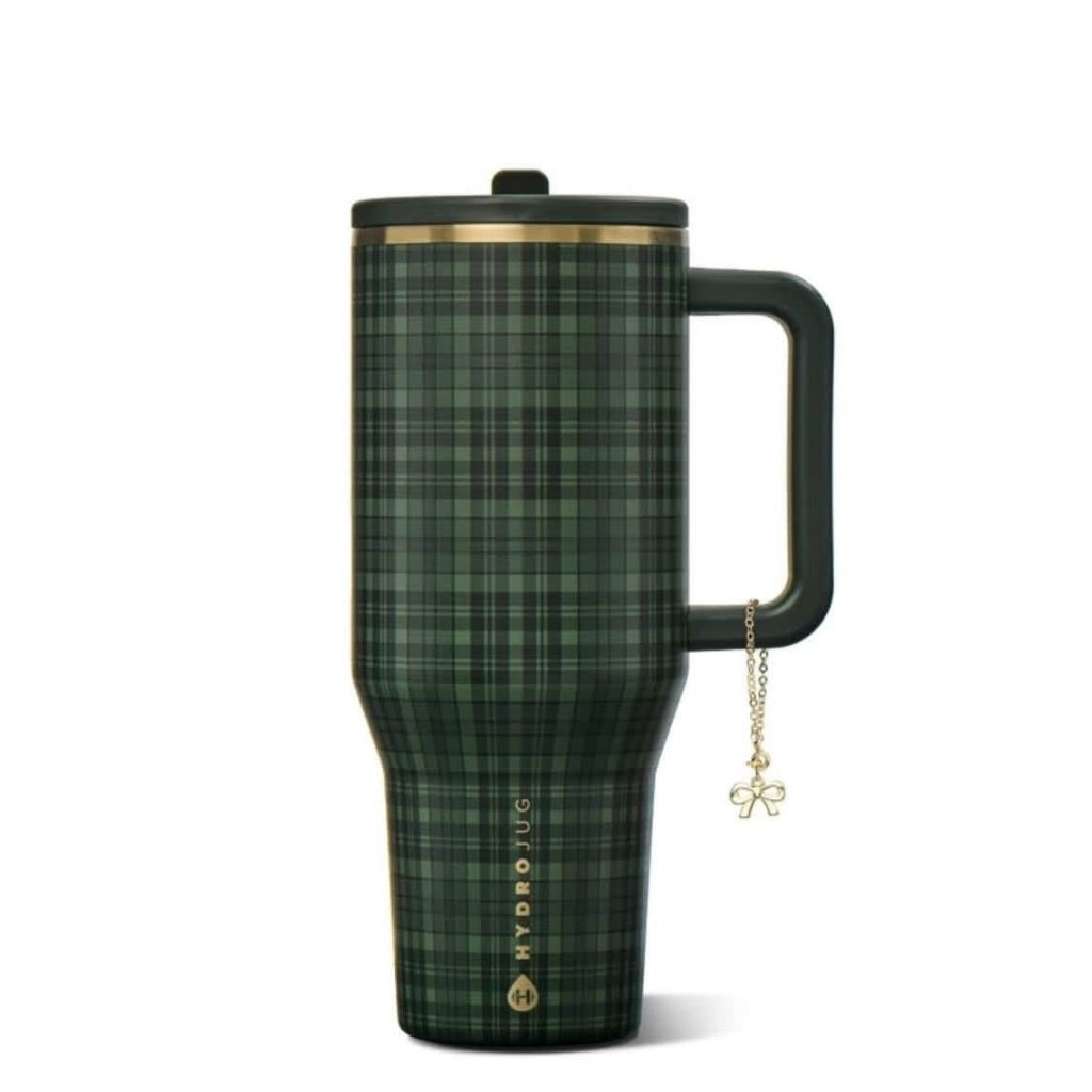 HydroJug Green Plaid dark forest green tartan tumbler with gold rim, matching handle and gold bow charm