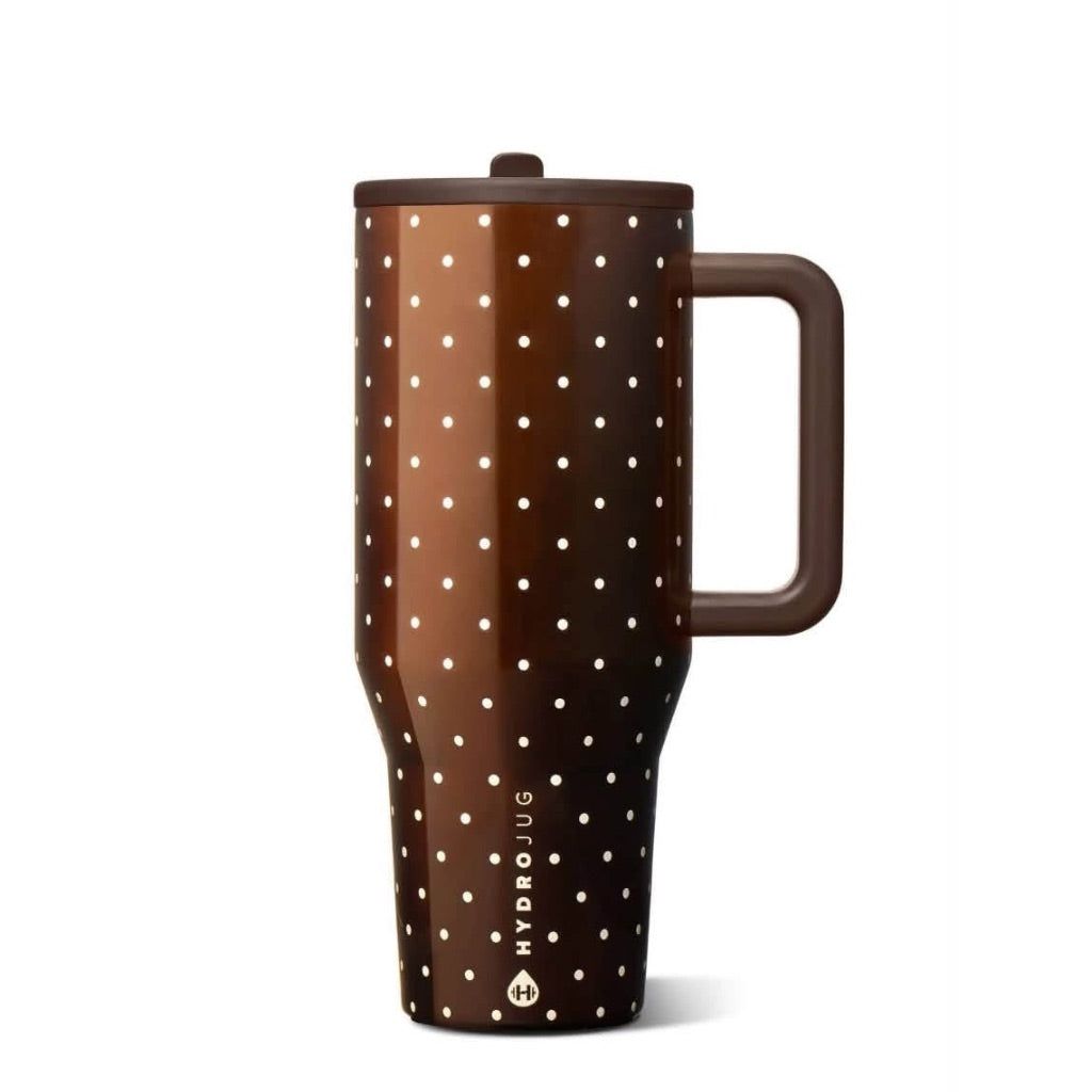 HydroJug Brown Polka Dot matching tumbler accessories in chocolate brown, ivory, cream and caramel
