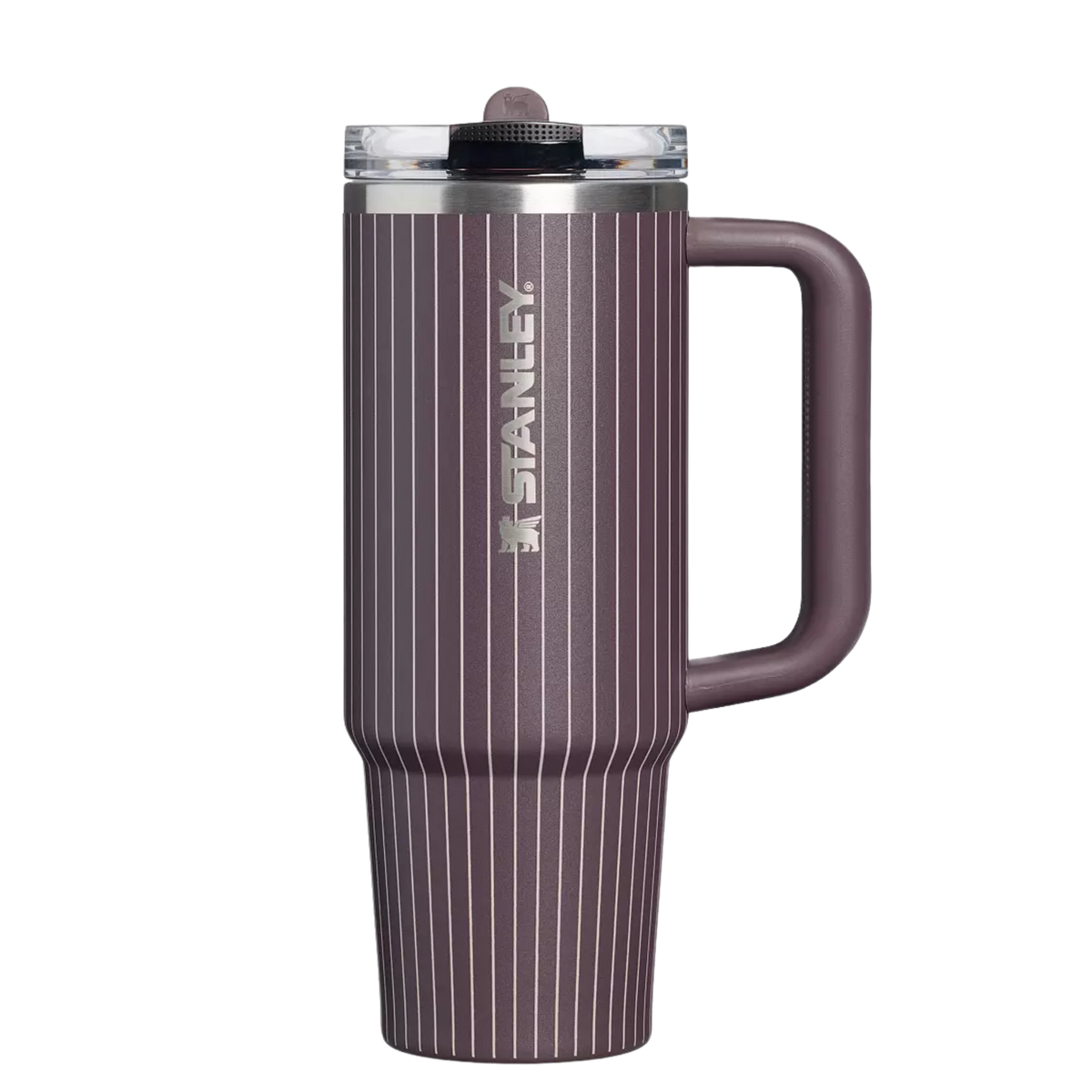 Stanley Fig Pinstripe purple Fall Refresh tumbler styled with matching silicone boot, charm, bow, bracelet and straw topper accessories